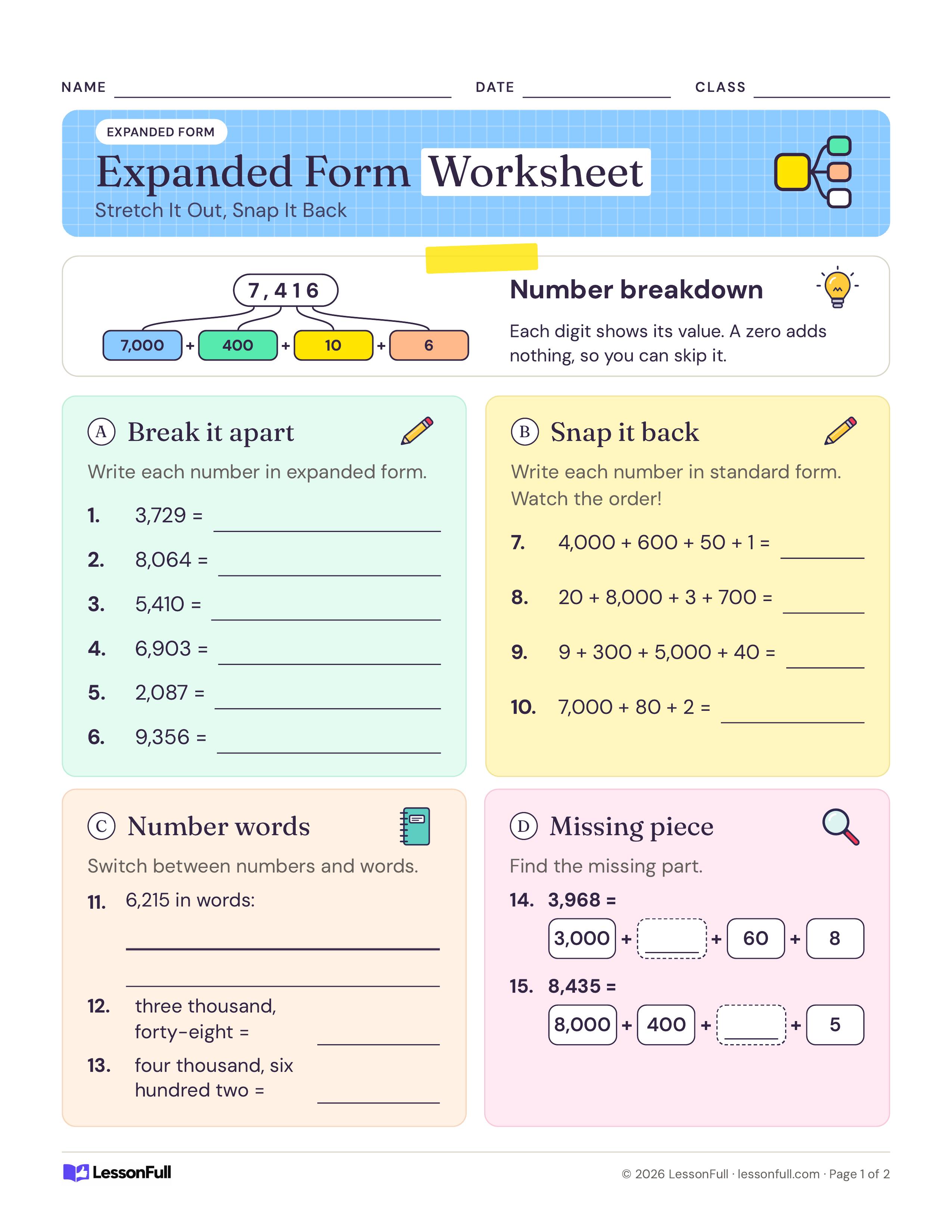 Expanded Form Worksheet: a 7,416 breakdown in colored tiles, then sections to break apart, snap back, write number words and fill missing parts