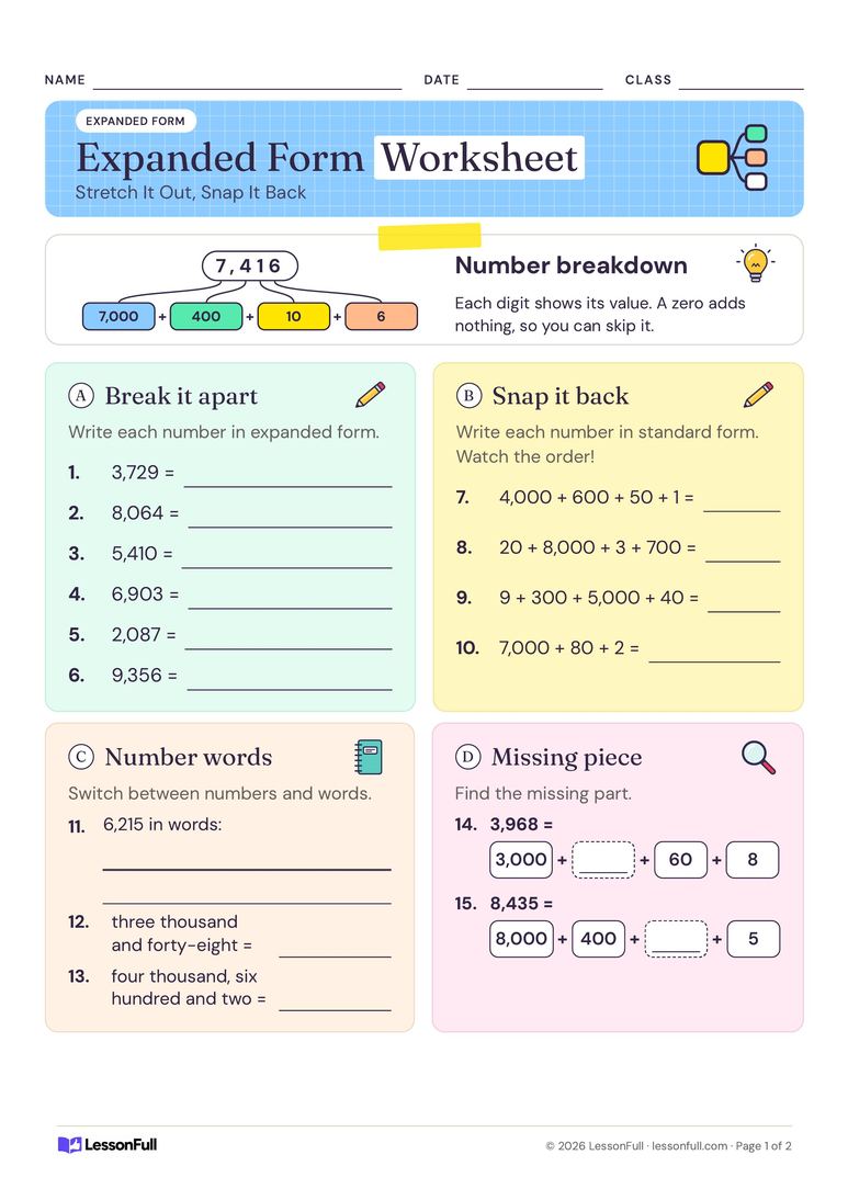 Expanded Form Worksheet — maths worksheet for years 3–4