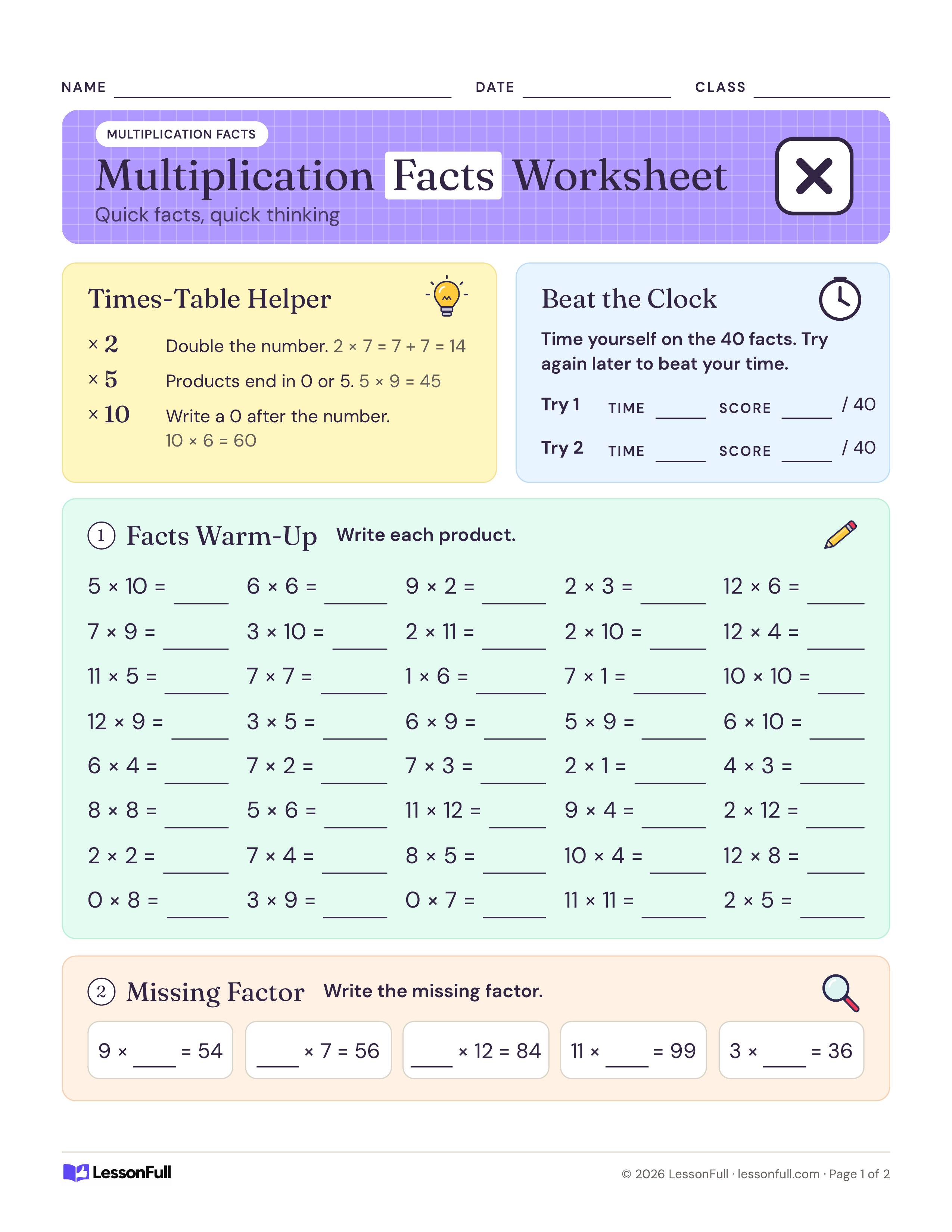 Facts 0–12: Printable Multiplication Worksheet: times-table tips for 2, 5 and 10, a timed score box, a grid of 40 facts to solve and five missing-factor boxes