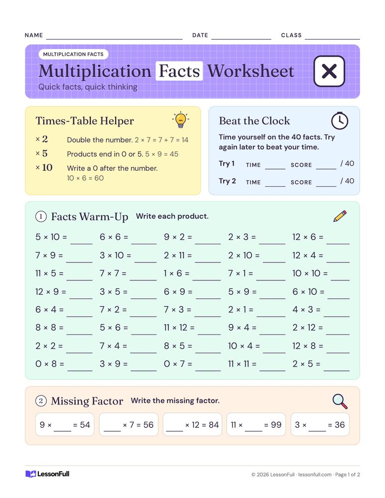 Facts 0–12: Printable Multiplication Worksheet — math worksheet for grades 3–4