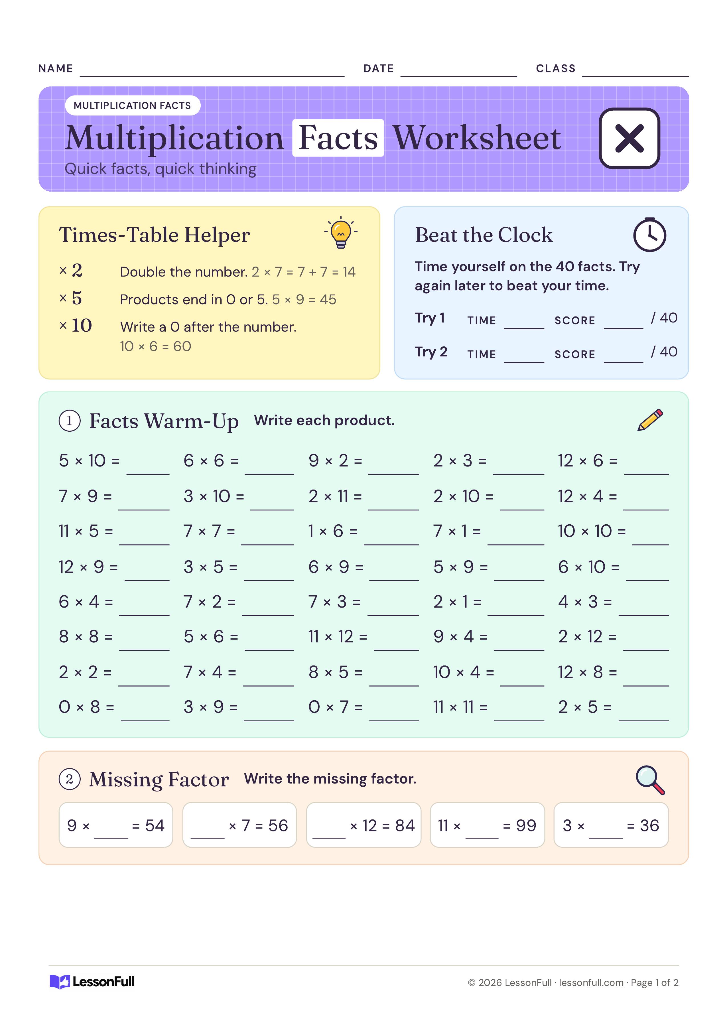 Facts 0–12: Printable Multiplication Worksheet: times-table tips for 2, 5 and 10, a timed score box, a grid of 40 facts to solve and five missing-factor boxes