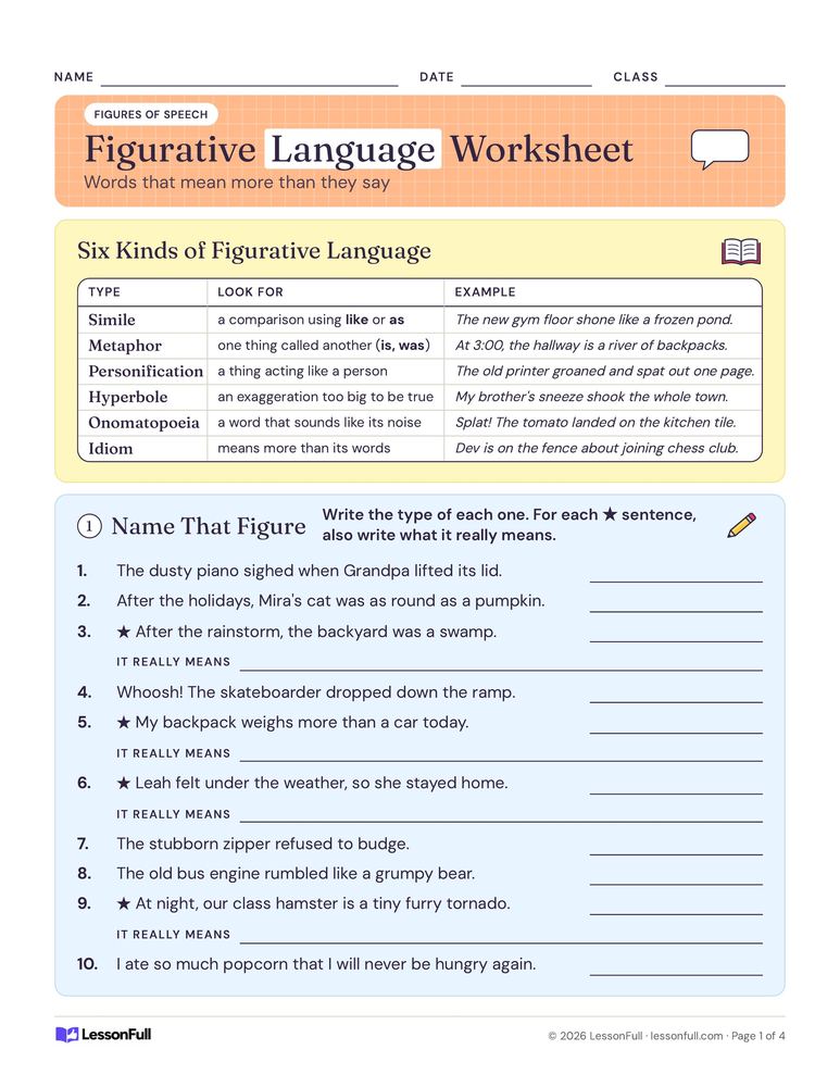 Figurative Language Worksheet — language arts worksheet for grades 4–6