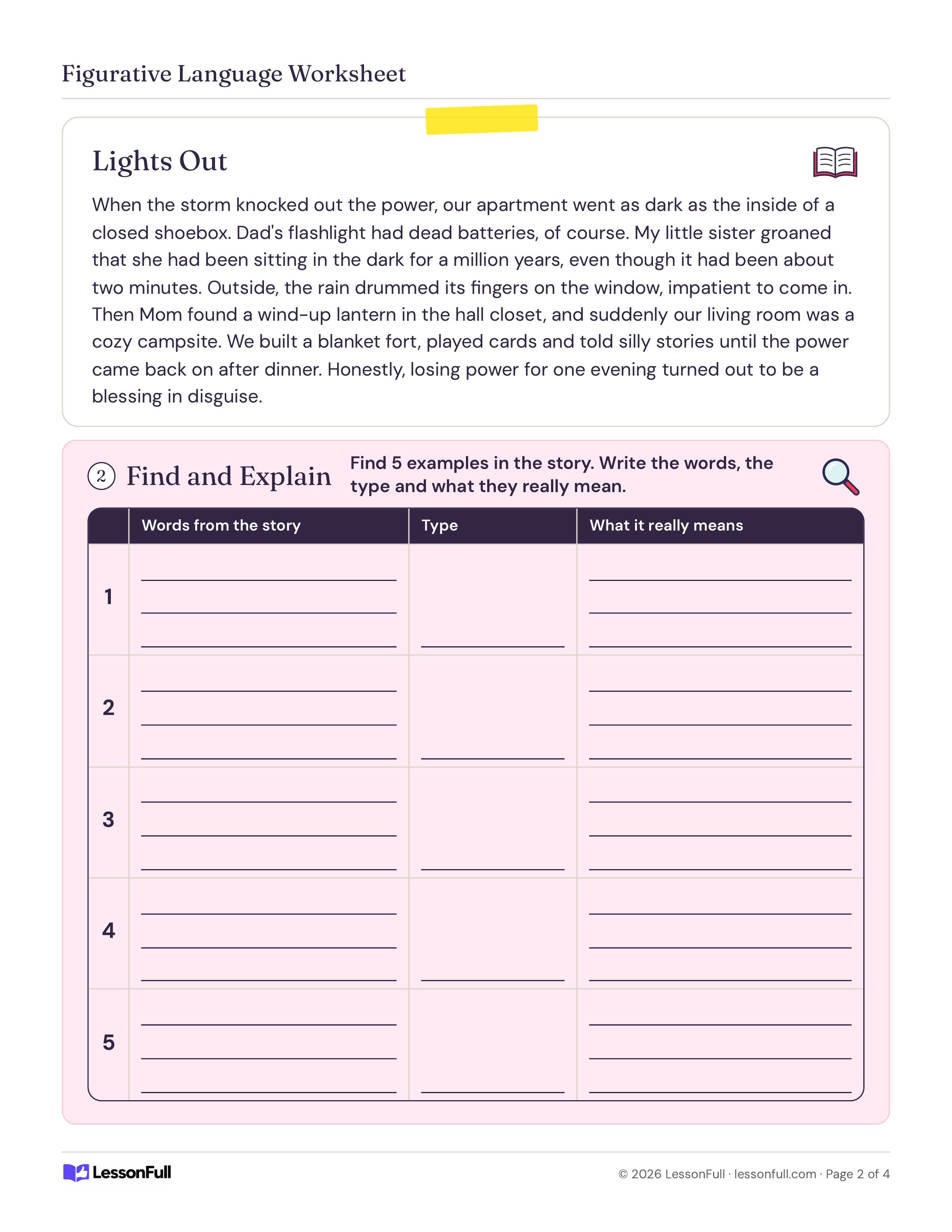 Figurative Language Worksheet: a short story called Lights Out about a power outage, with a five-row table to find, label and explain examples