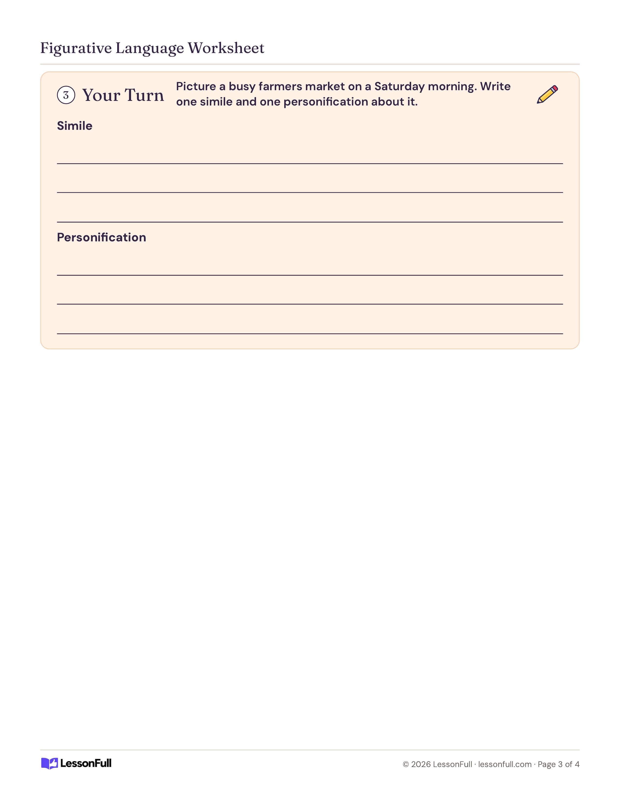 Figurative Language Worksheet: a writing box asking for one simile and one personification about a busy Saturday farmers market