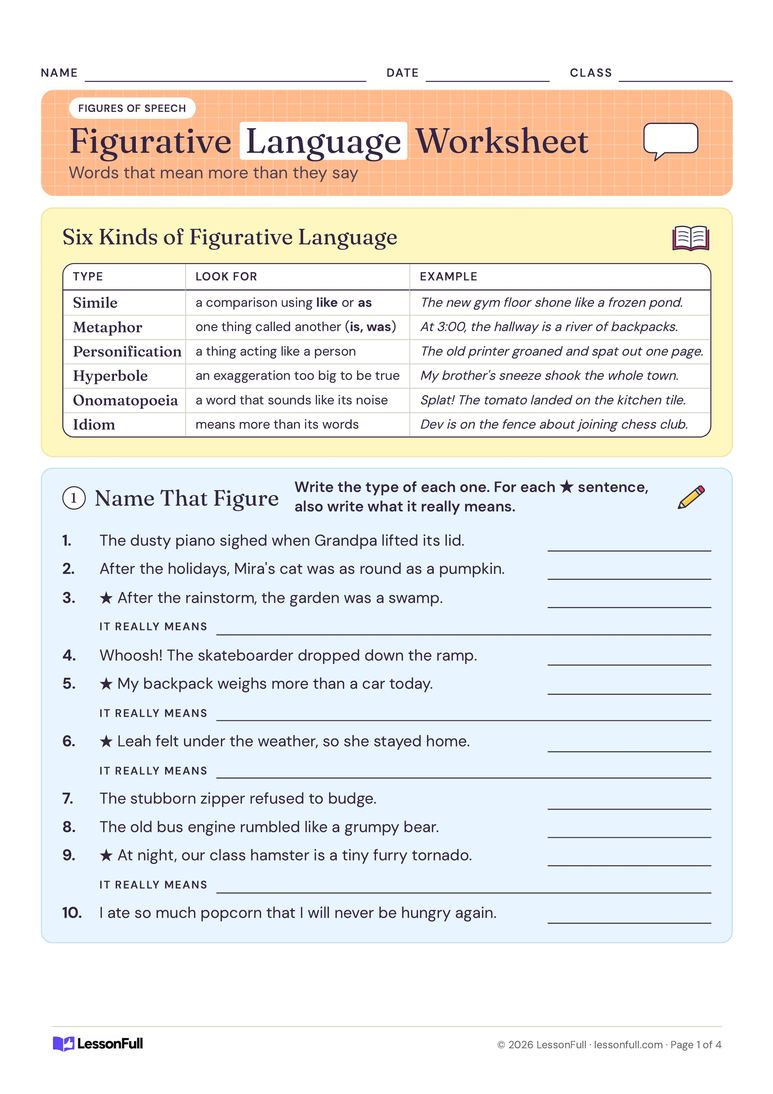 Figurative Language Worksheet — English worksheet for years 4–6