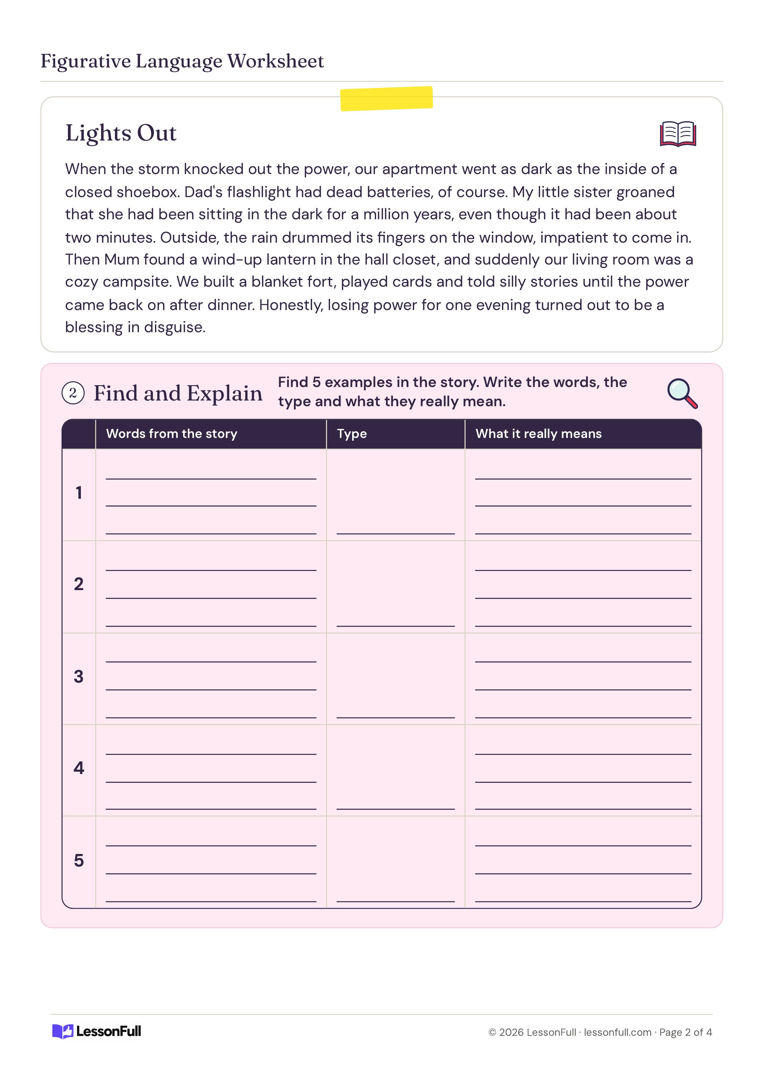 Figurative Language Worksheet: a short story called Lights Out about a power outage, with a five-row table to find, label and explain examples