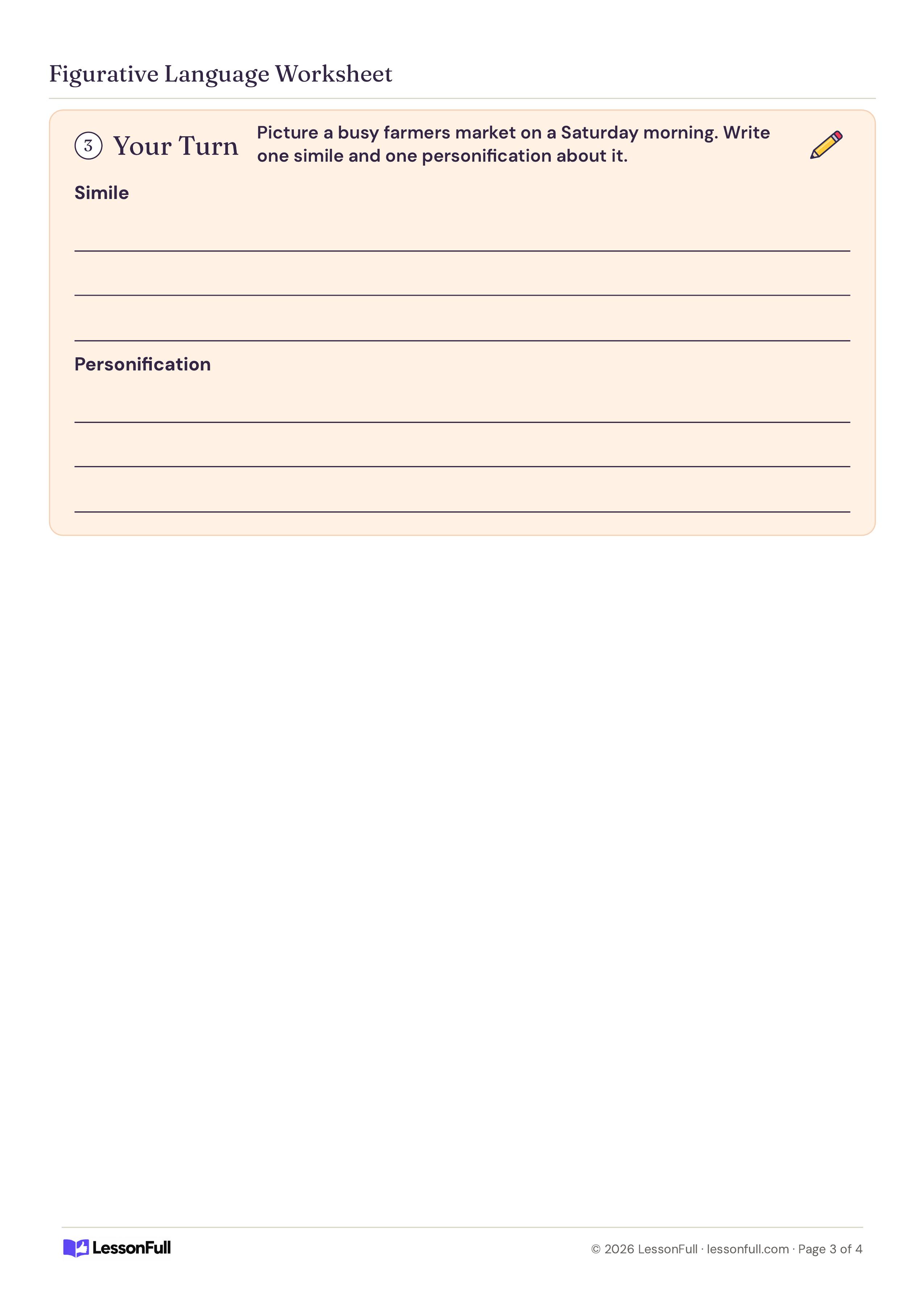 Figurative Language Worksheet: a writing box asking for one simile and one personification about a busy Saturday farmers market