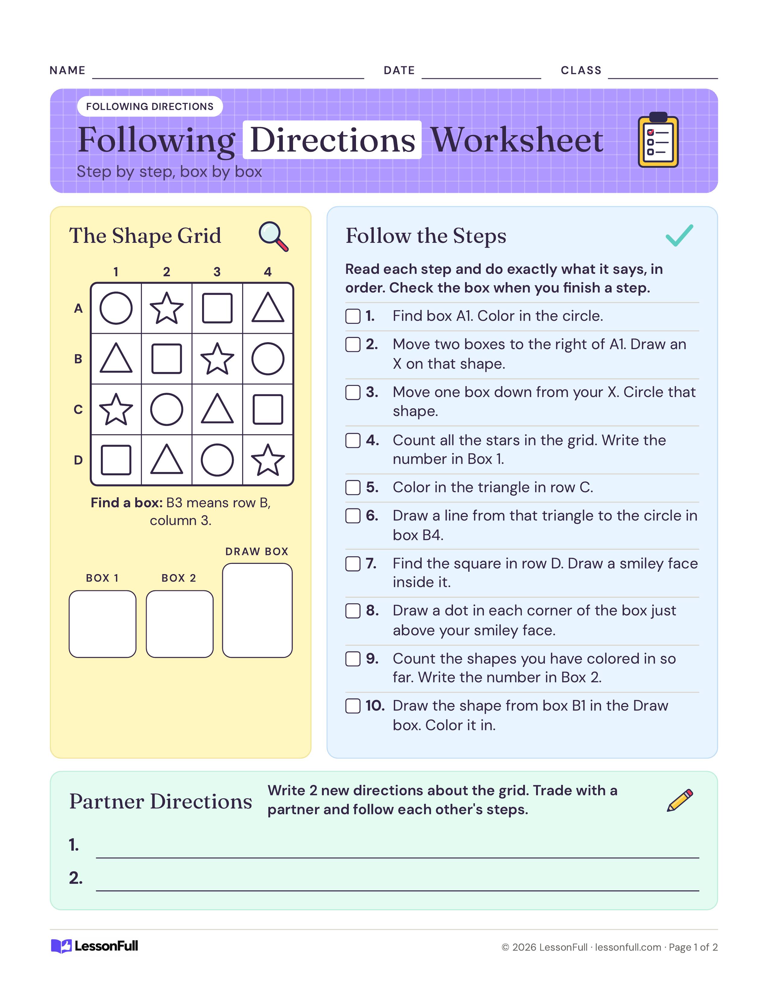 Following Directions Worksheet: a 4-by-4 lettered shape grid of circles, stars, squares and triangles, ten steps to follow and answer boxes
