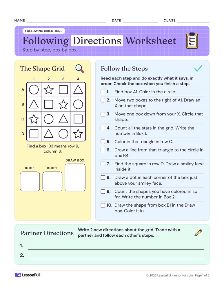 Following Directions Worksheet — social emotional worksheet for grades 1–3
