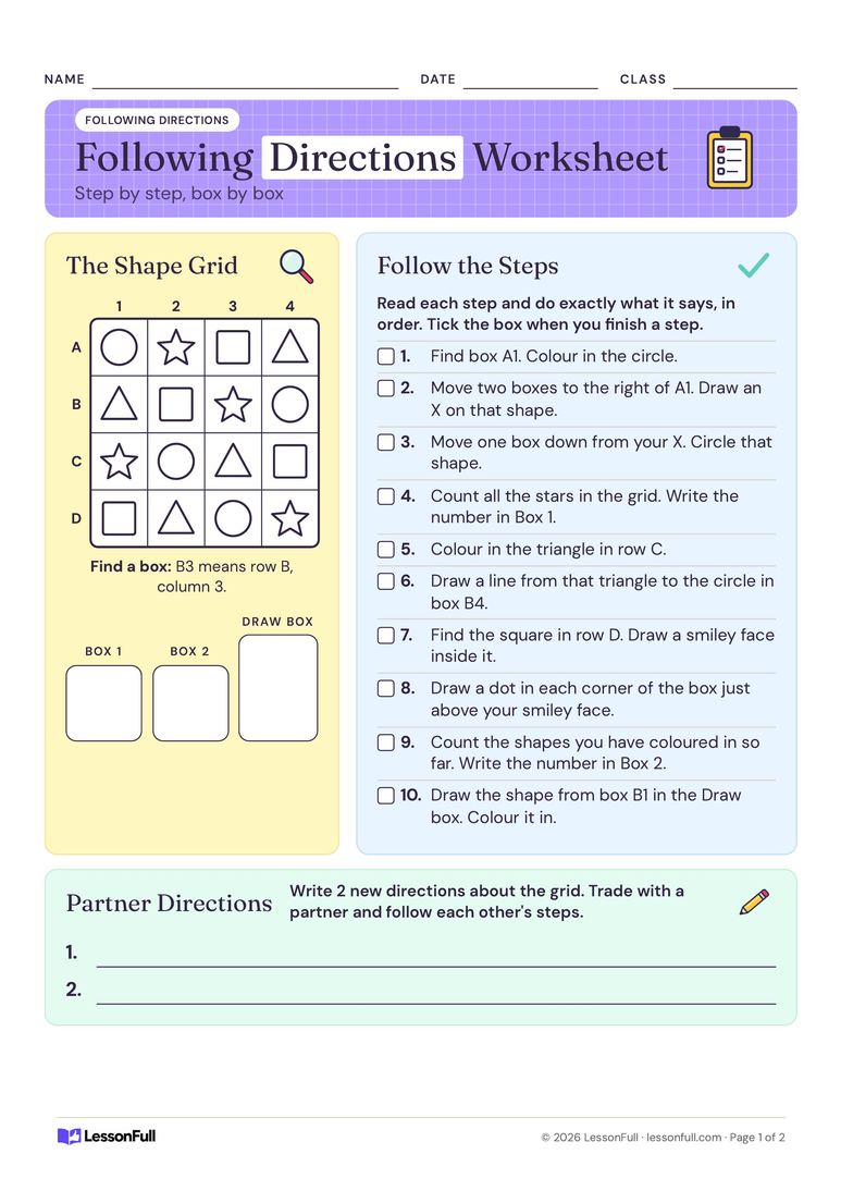 Following Directions Worksheet — Wellbeing worksheet for years 1–3