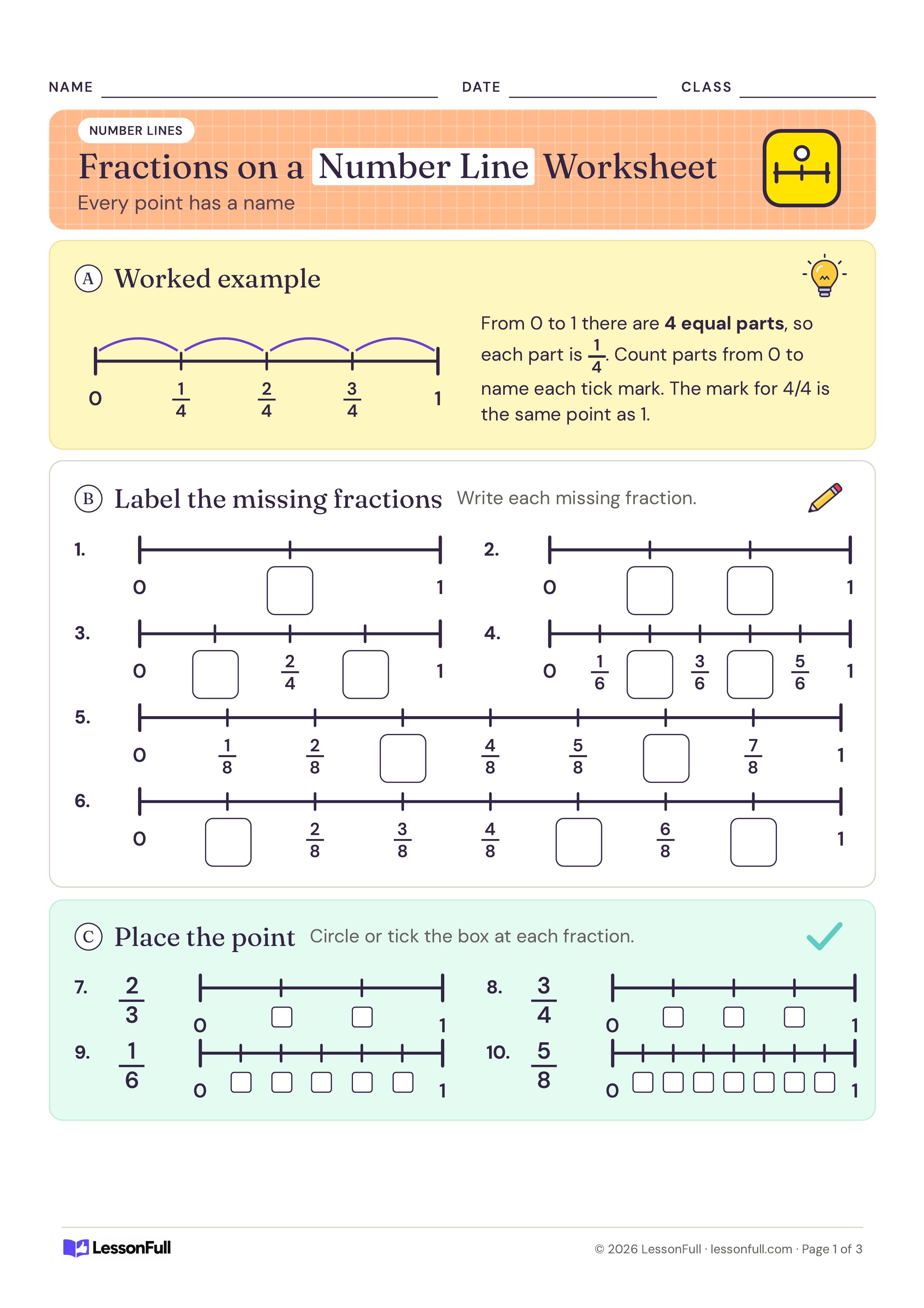 Fractions on a Number Line Worksheet: a worked quarters number line, six number lines with missing fraction boxes and four lines to place a point