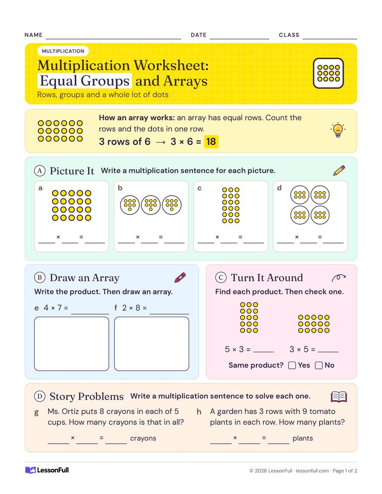 Grade 3 Multiplication Worksheet: Equal Groups and Arrays — math worksheet for grades 3