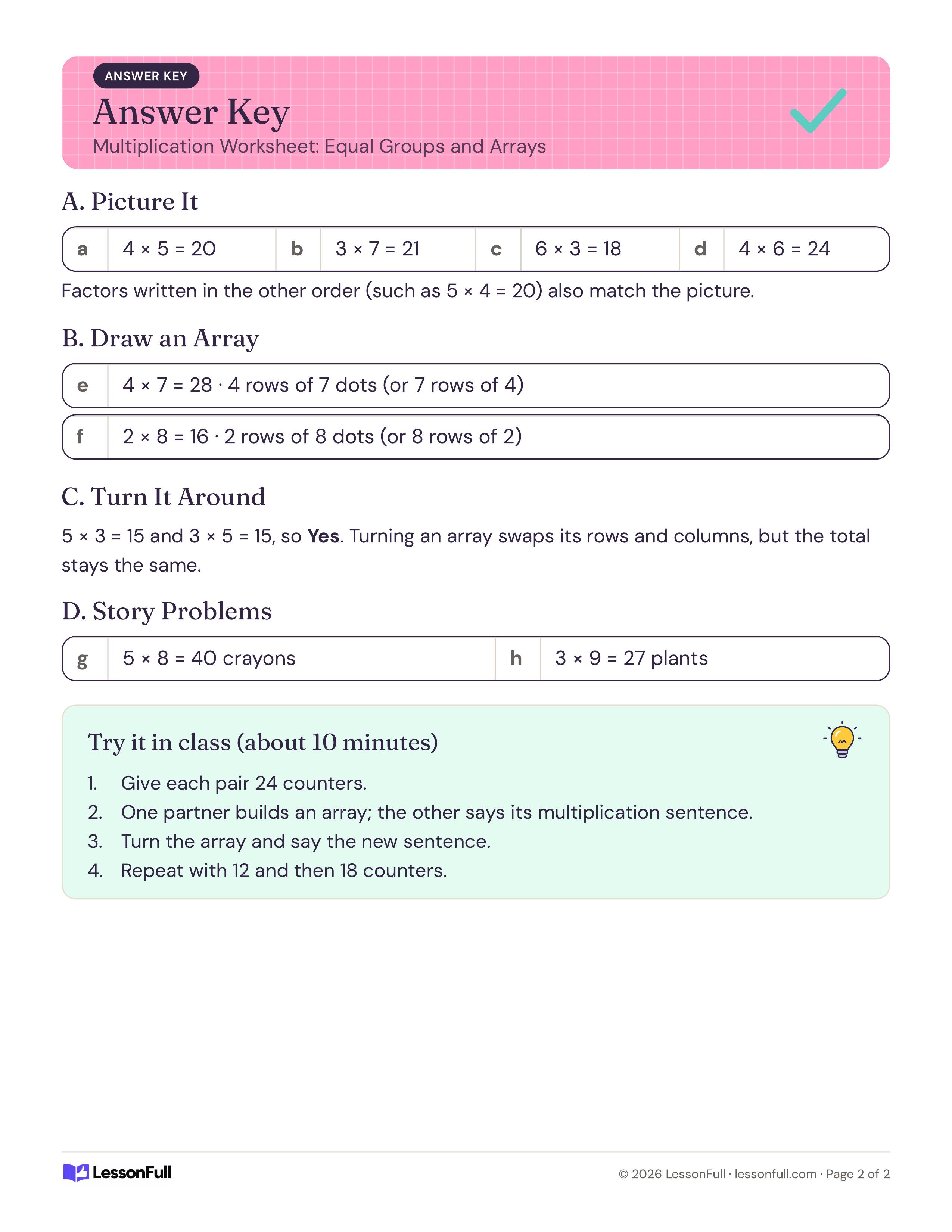 Grade 3 Multiplication Worksheet: Equal Groups and Arrays: answer key with multiplication sentences for each dot picture, array products, turn-around answer and a class activity