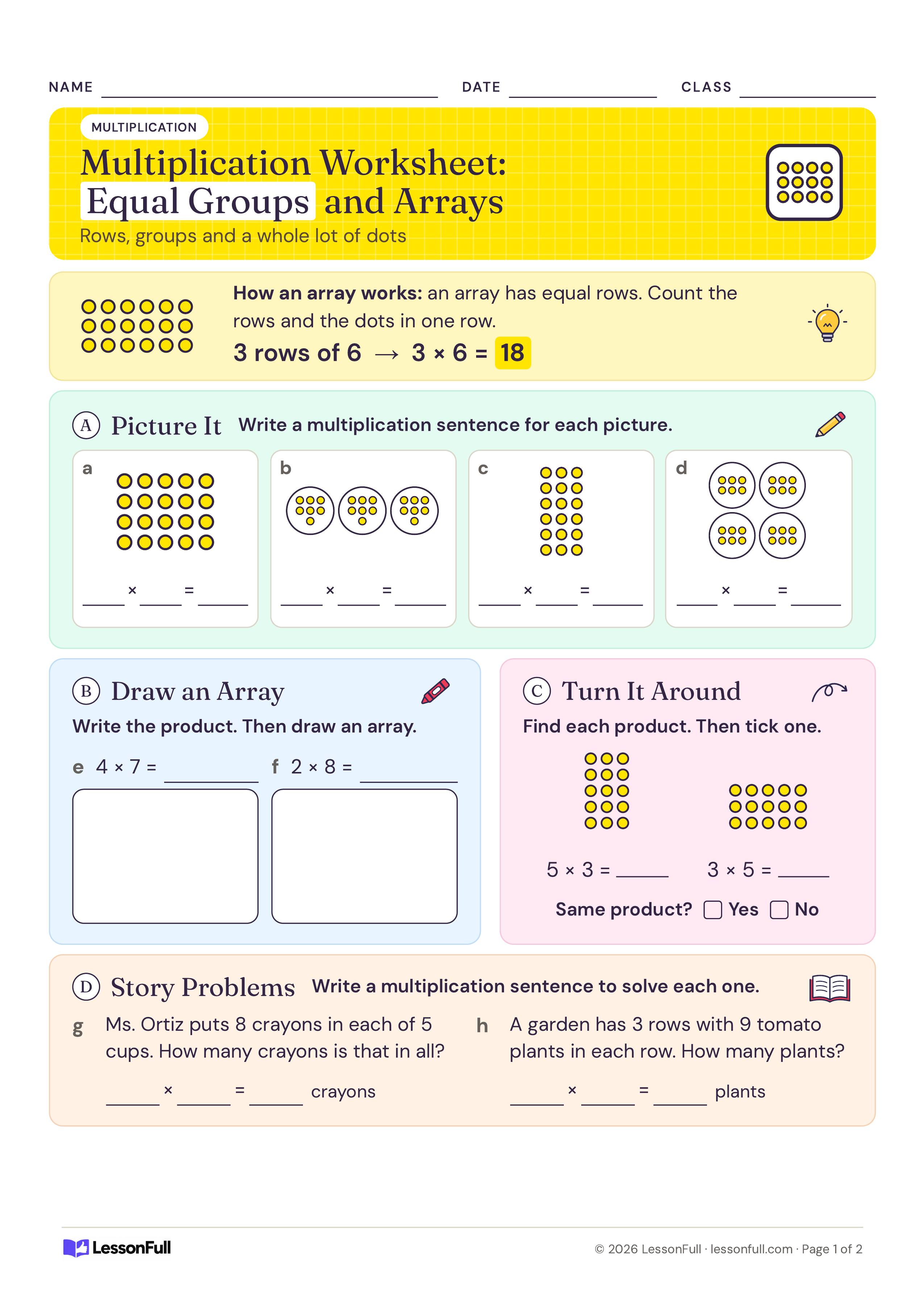 Year 3 Multiplication Worksheet: Equal Groups and Arrays: a 3-by-6 dot array example, four dot pictures to match, two arrays to draw, a turn-around check and story problems