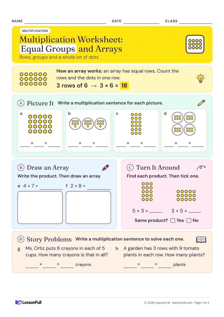 Year 3 Multiplication Worksheet: Equal Groups and Arrays — maths worksheet for year 3