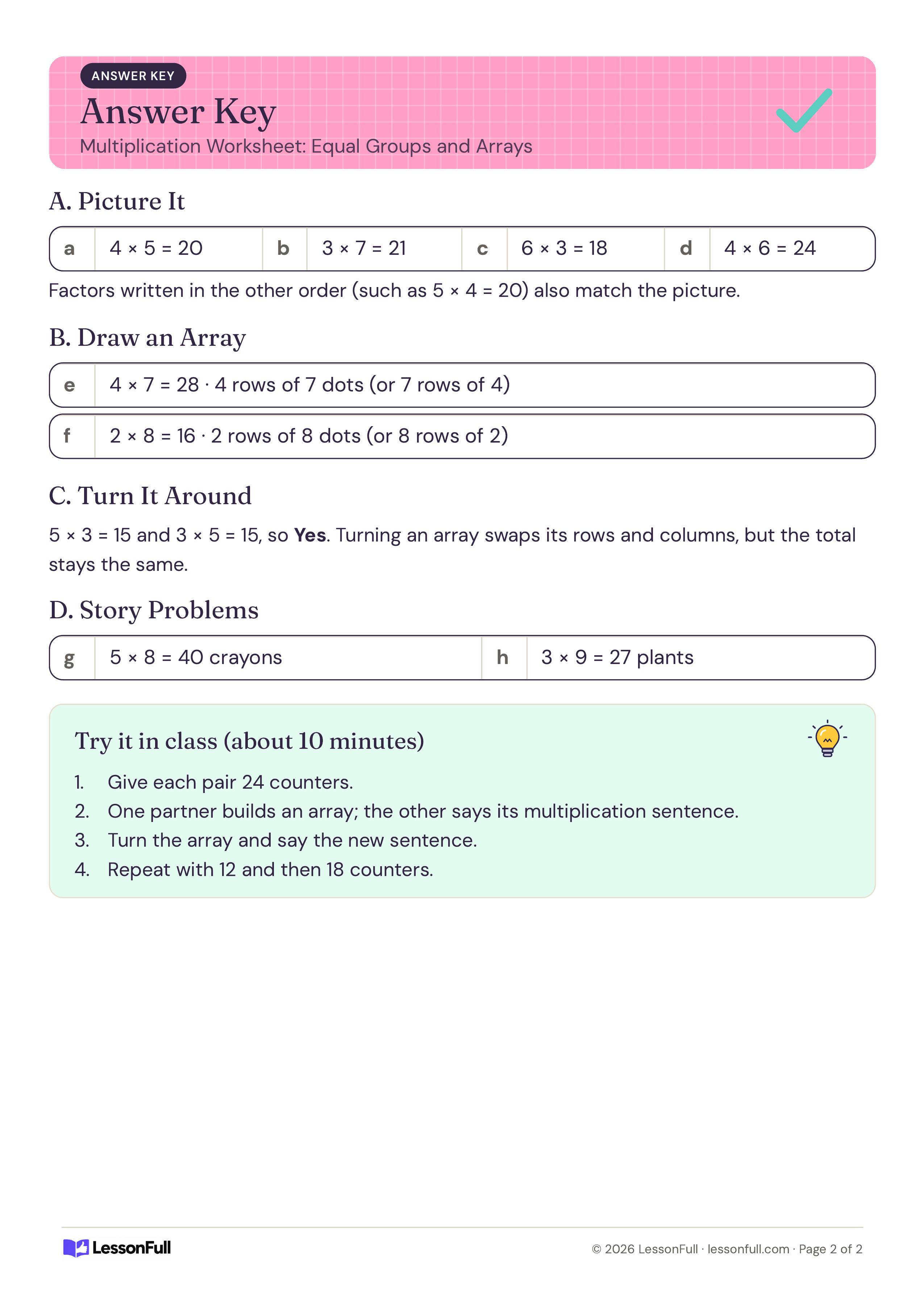 Year 3 Multiplication Worksheet: Equal Groups and Arrays: answer key with multiplication sentences for each dot picture, array products, turn-around answer and a class activity