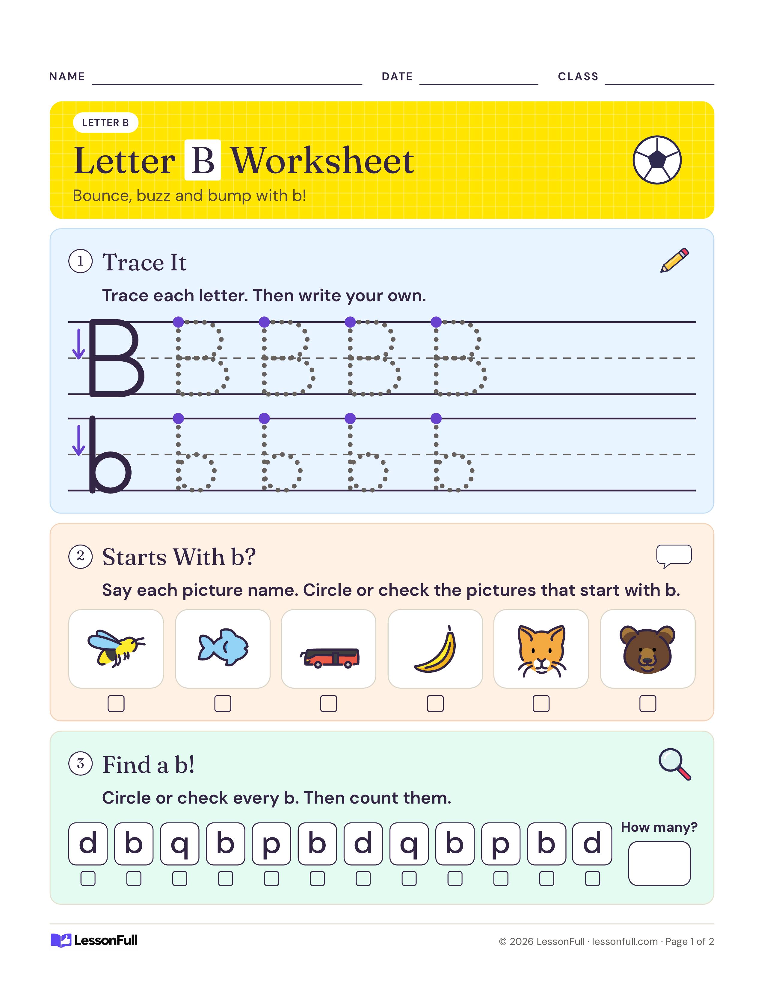 Letter B Worksheet: tracing rows for B and b, six pictures to check for the b sound, and a row of letter tiles to find and count each b