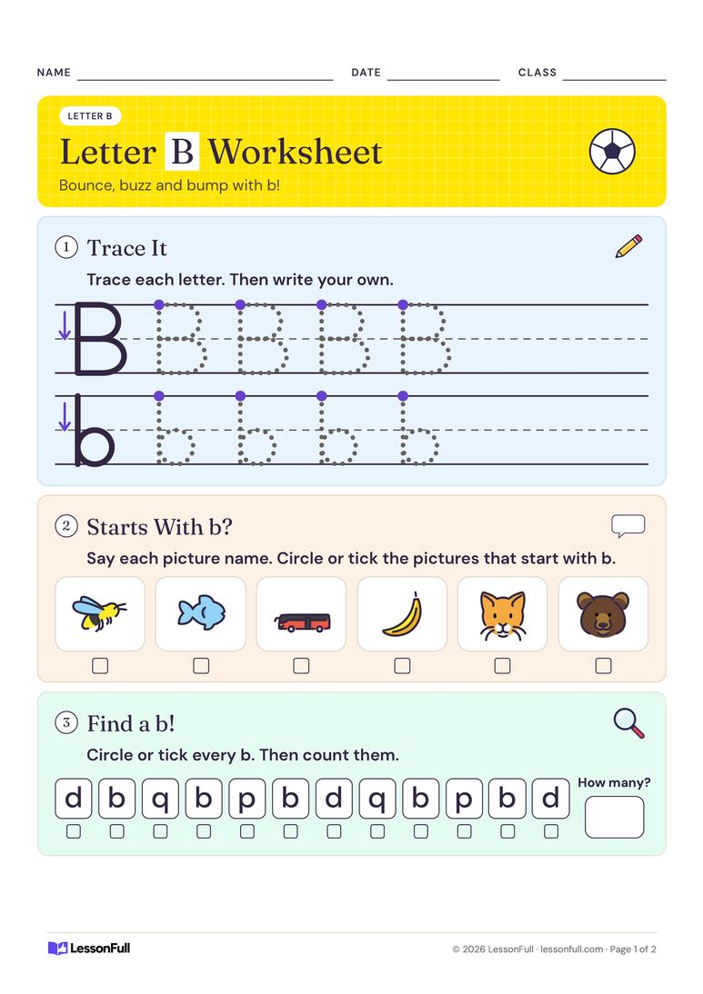 Letter B Worksheet — English worksheet for Pre-school–Foundation