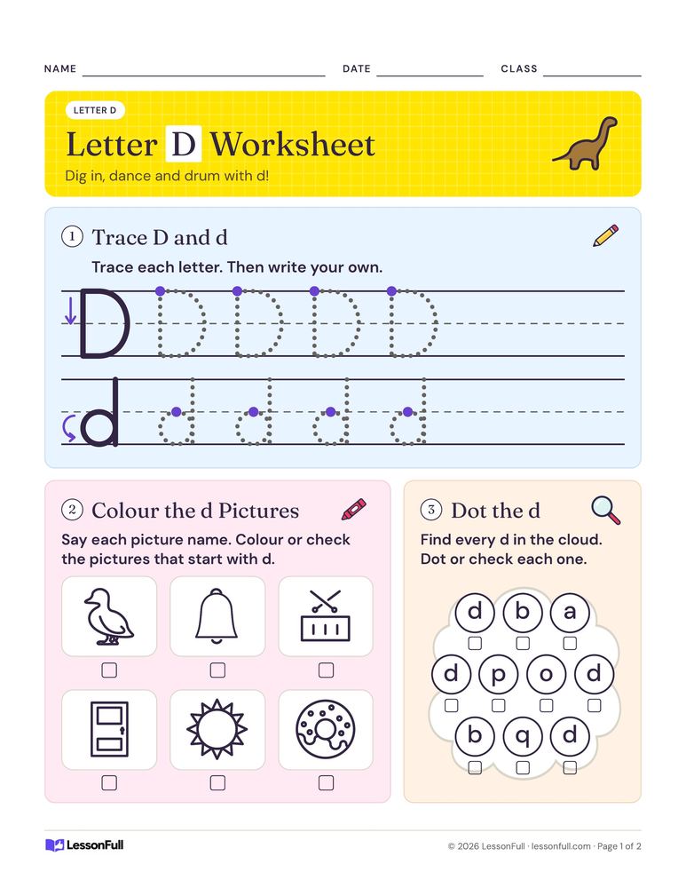 Letter D Worksheet — language arts worksheet for Junior and Senior Kindergarten