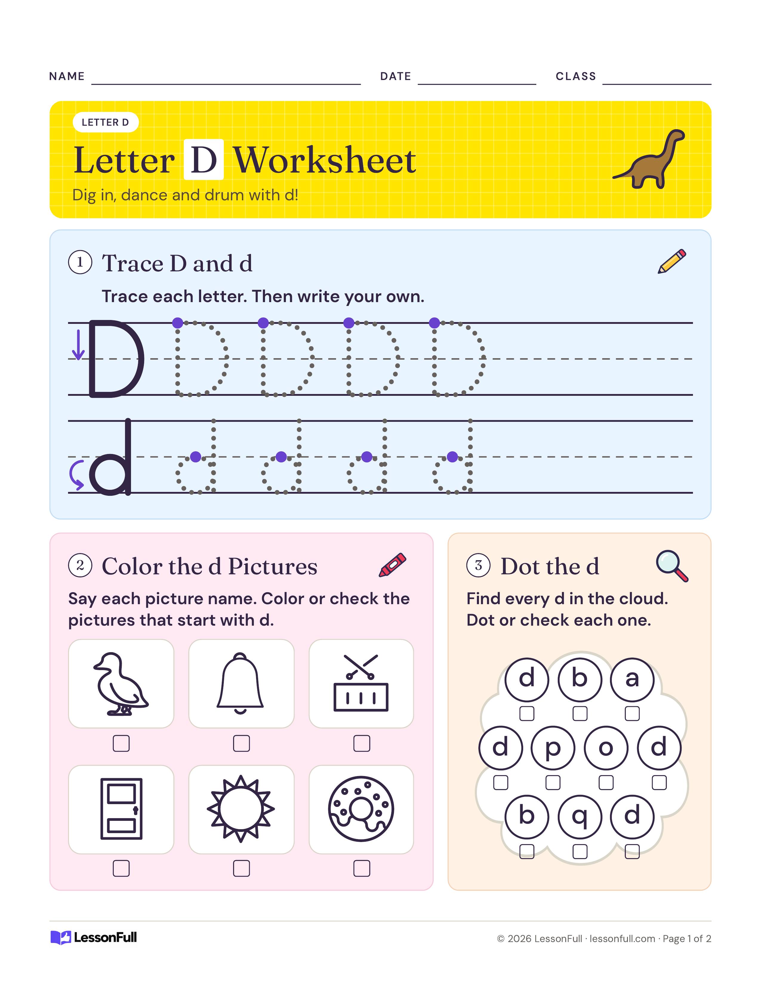 Letter D Worksheet: tracing rows for big D and little d, six pictures to color if they start with d, and a letter cloud to dot each d