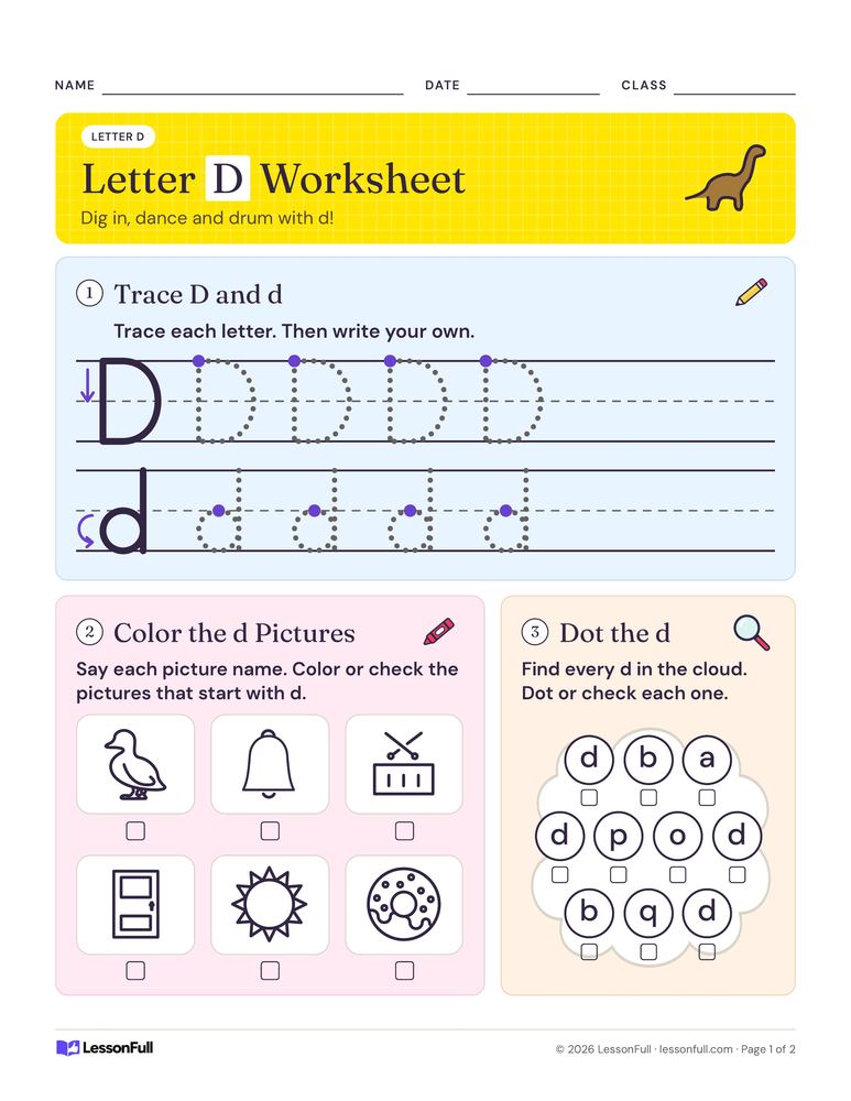 Letter D Worksheet — language arts worksheet for grades Pre-K–K