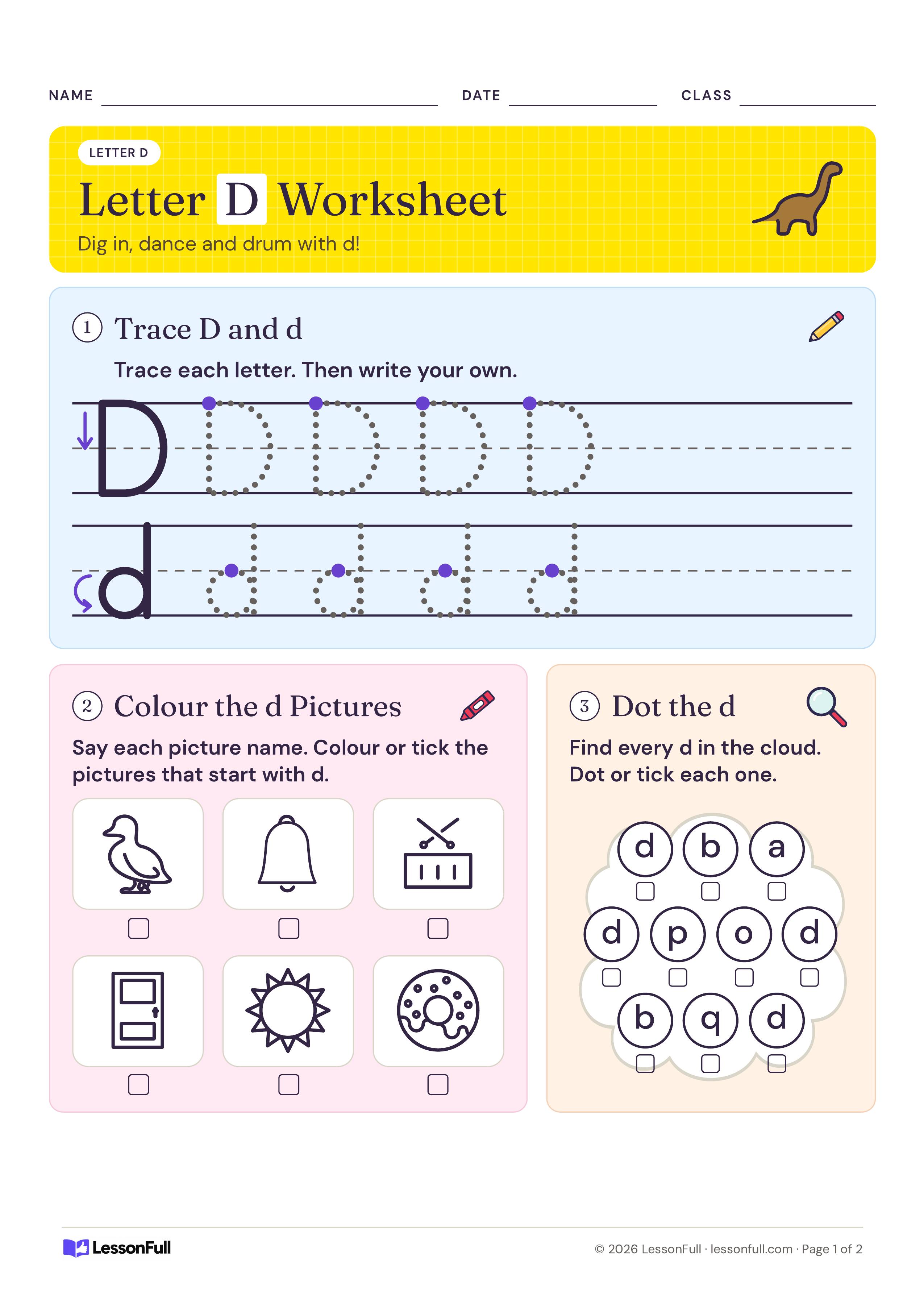 Letter D Worksheet: tracing rows for big D and little d, six pictures to colour if they start with d, and a letter cloud to dot each d