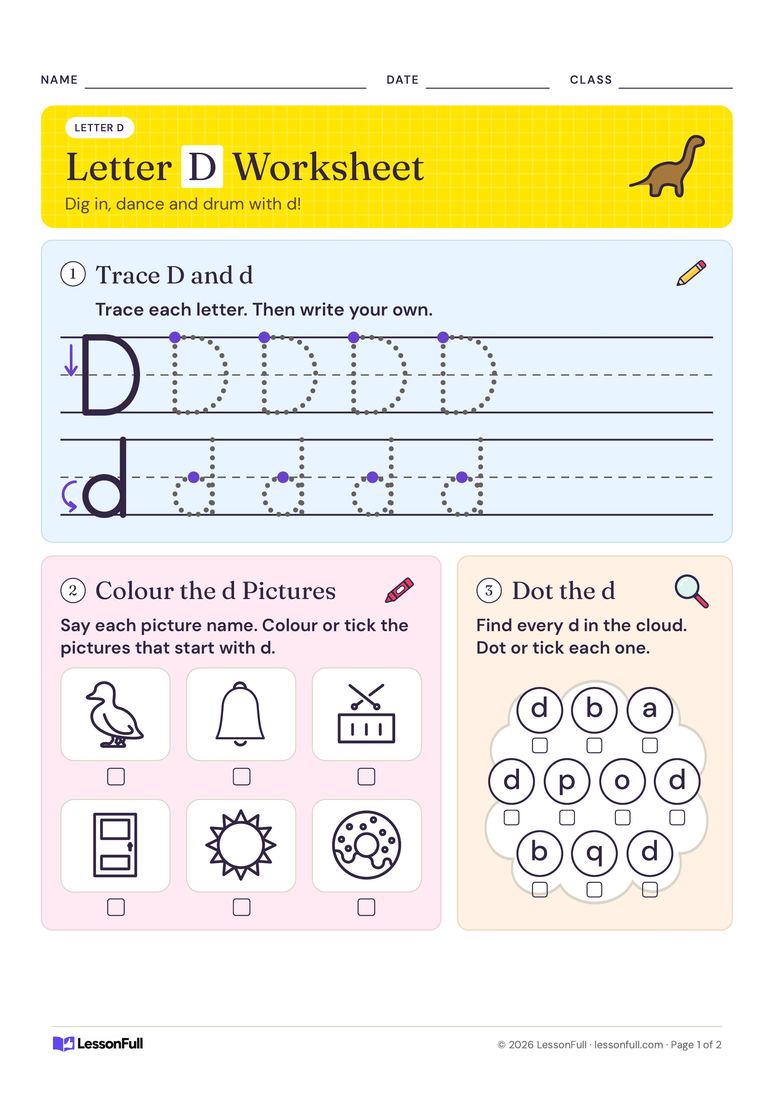 Letter D Worksheet — English worksheet for Pre-school–Foundation