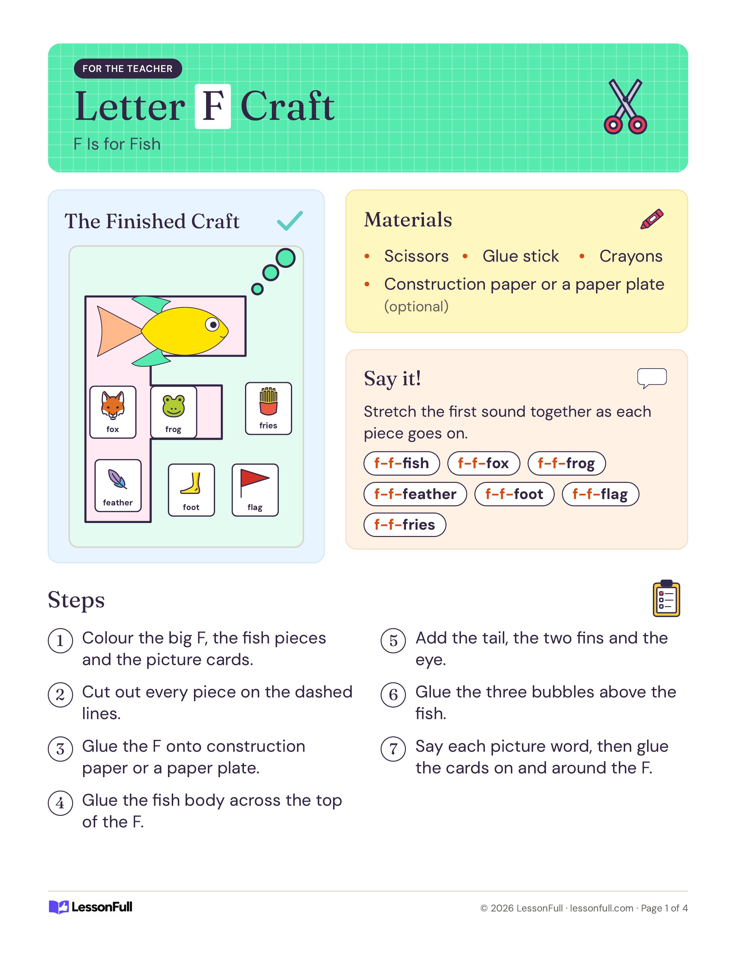 Letter F Craft: teacher page with a picture of the finished fish-on-F craft, a materials list, f sound stretch words and seven steps