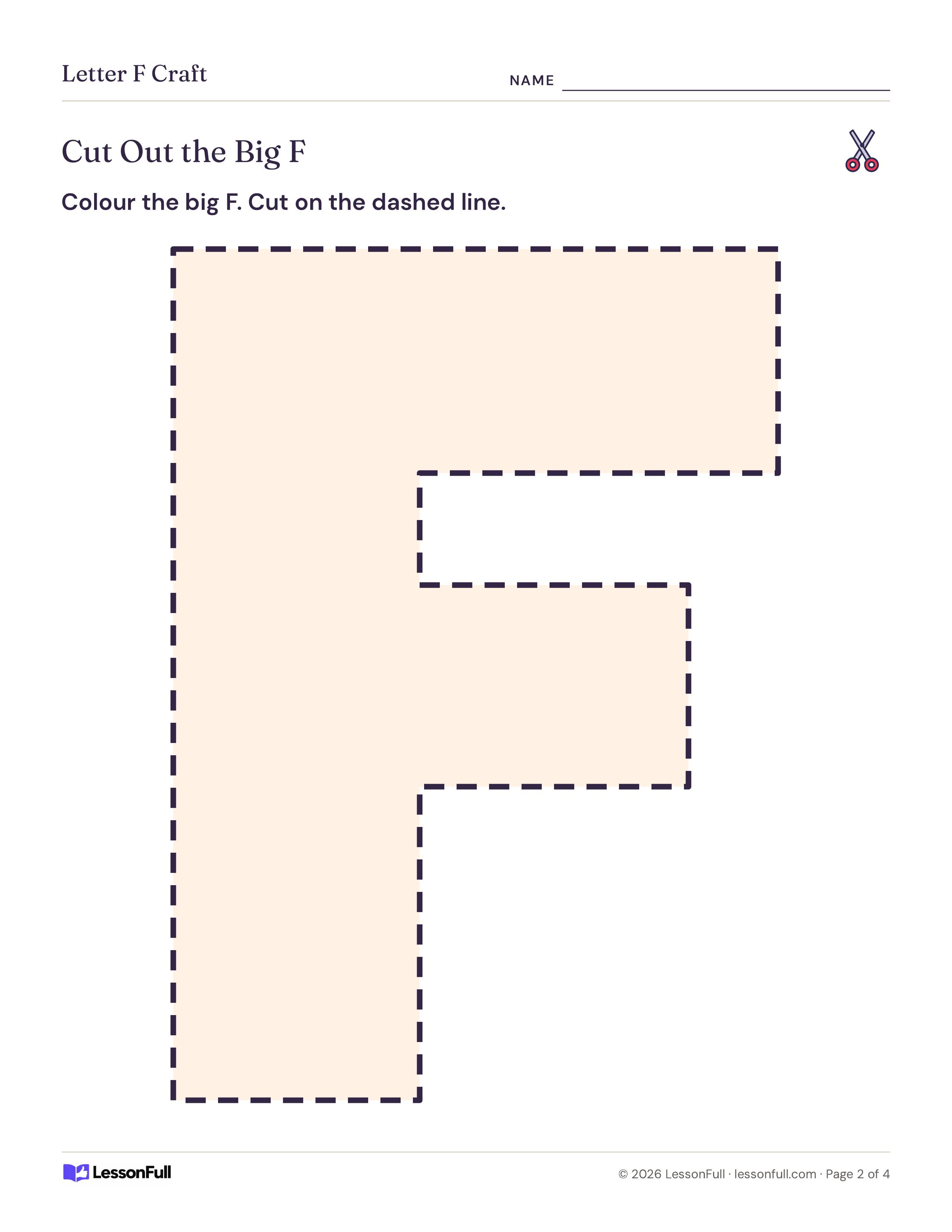 Letter F Craft: a large block capital F outlined with dashed lines to colour and cut out, with a name line at the top