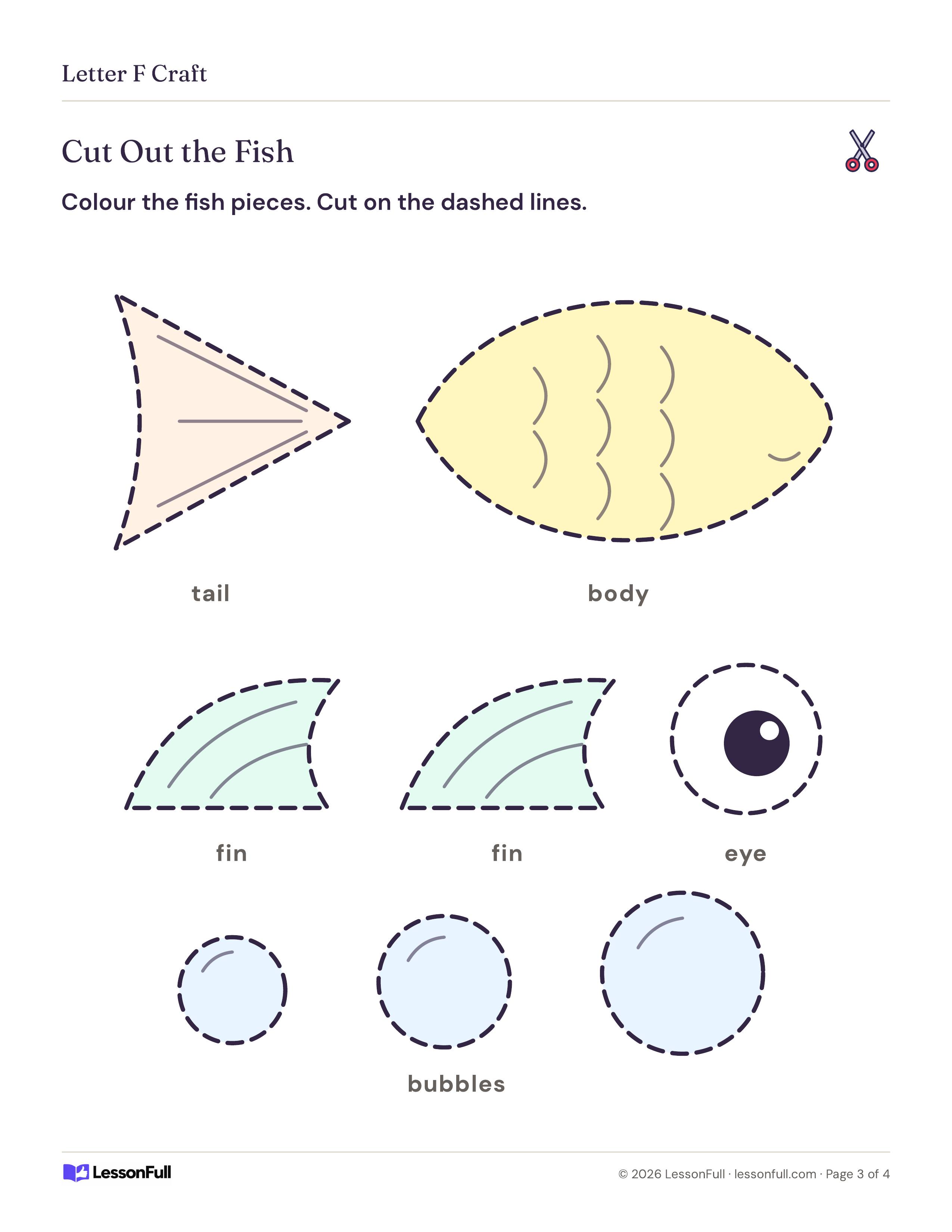 Letter F Craft: fish pieces to colour and cut out: a tail, a scaled body, two fins, an eye and three bubbles, all with dashed outlines