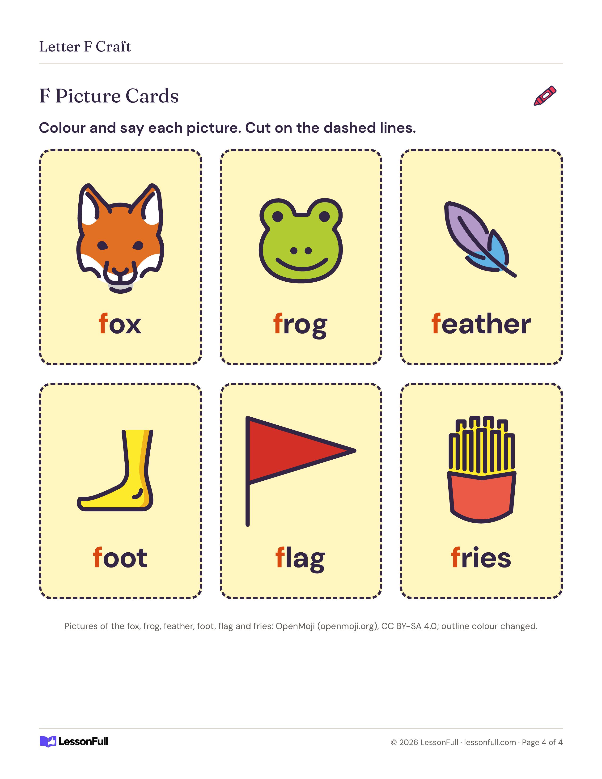 Letter F Craft: six dashed picture cards to colour and cut: fox, frog, feather, foot, flag and fries, each with the f in red