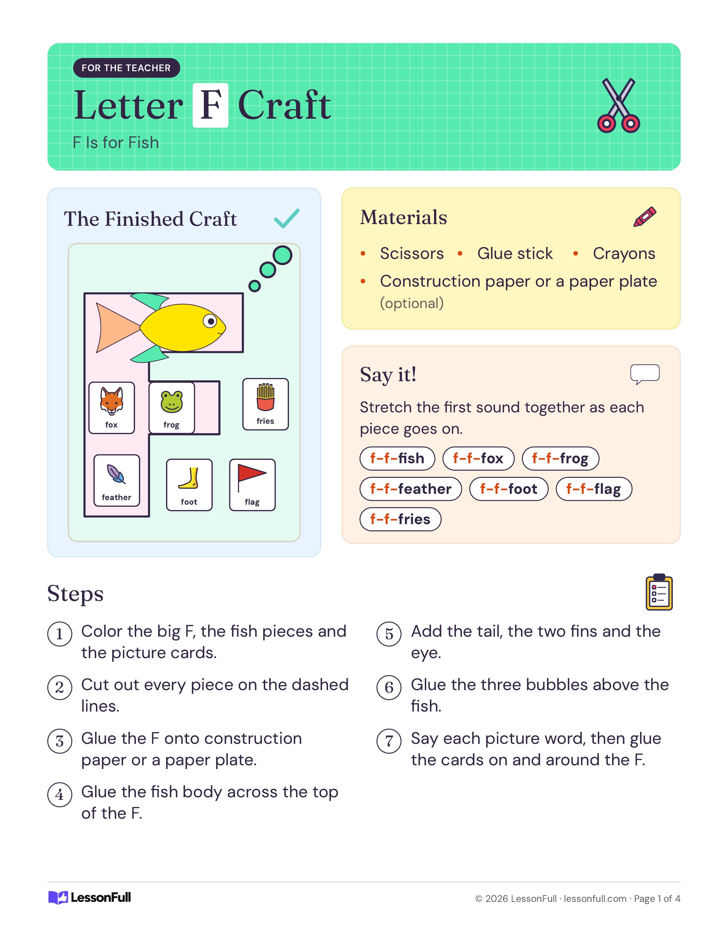 Letter F Craft: teacher page with a picture of the finished fish-on-F craft, a materials list, f sound stretch words and seven steps