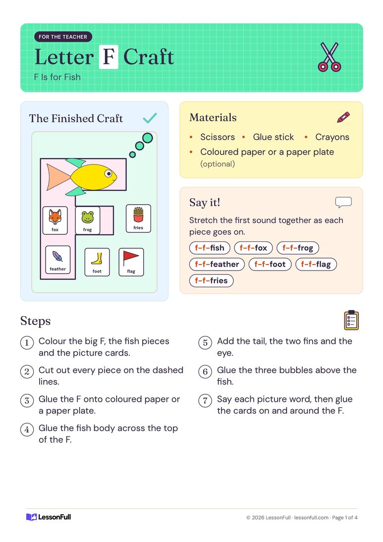 Letter F Craft — English activity for Pre-school–Foundation