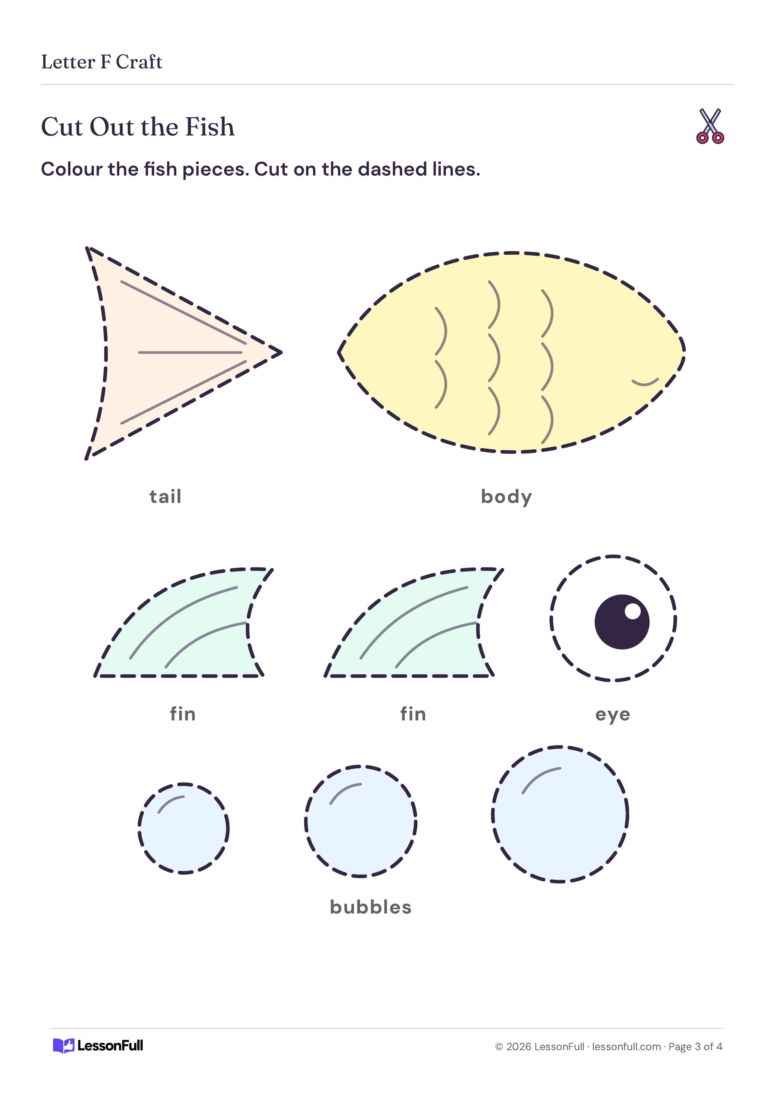 Letter F Craft: fish pieces to colour and cut out: a tail, a scaled body, two fins, an eye and three bubbles, all with dashed outlines
