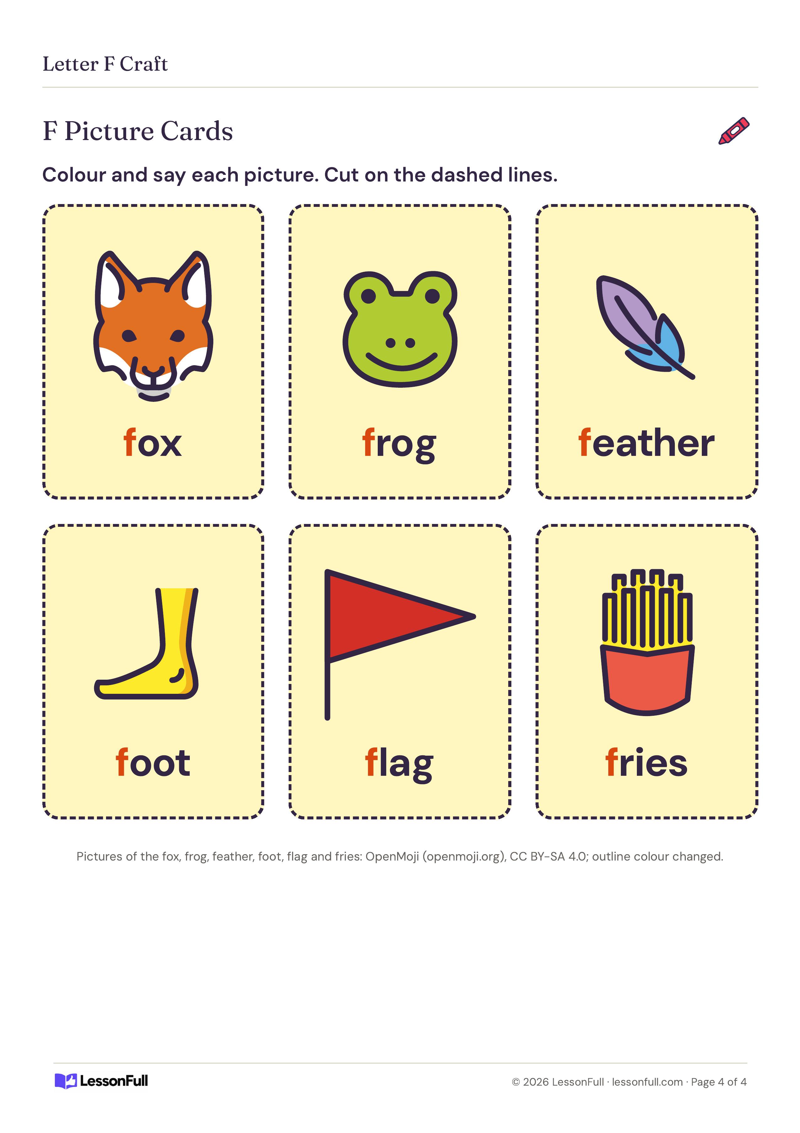 Letter F Craft: six dashed picture cards to colour and cut: fox, frog, feather, foot, flag and fries, each with the f in red