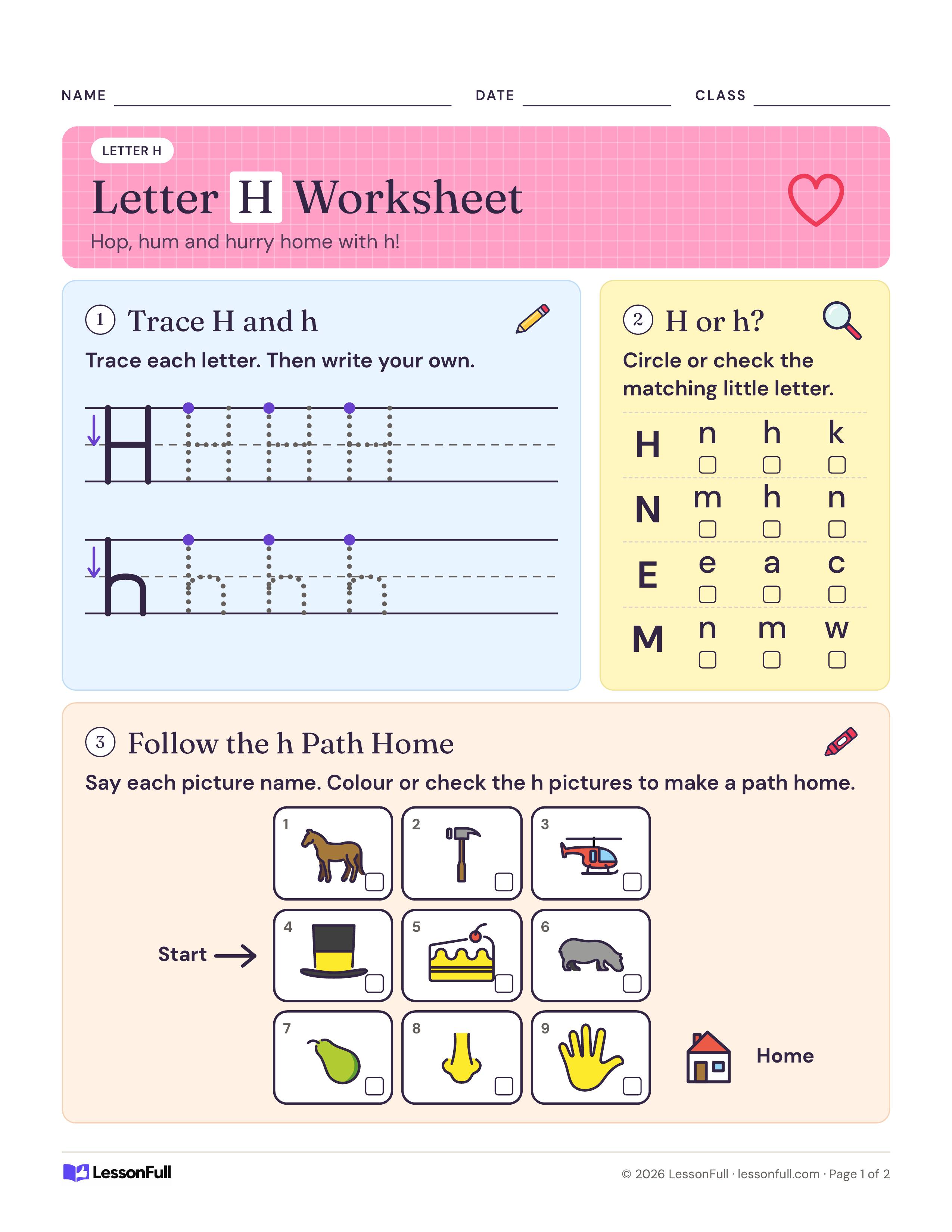 Letter H Worksheet: tracing rows for big H and little h, capitals to match to little letters, and a nine-picture h path home