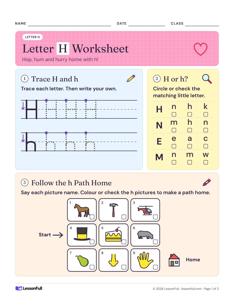 Letter H Worksheet — language arts worksheet for Junior and Senior Kindergarten