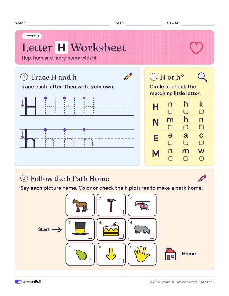 Letter H Worksheet — language arts worksheet for grades Pre-K–K