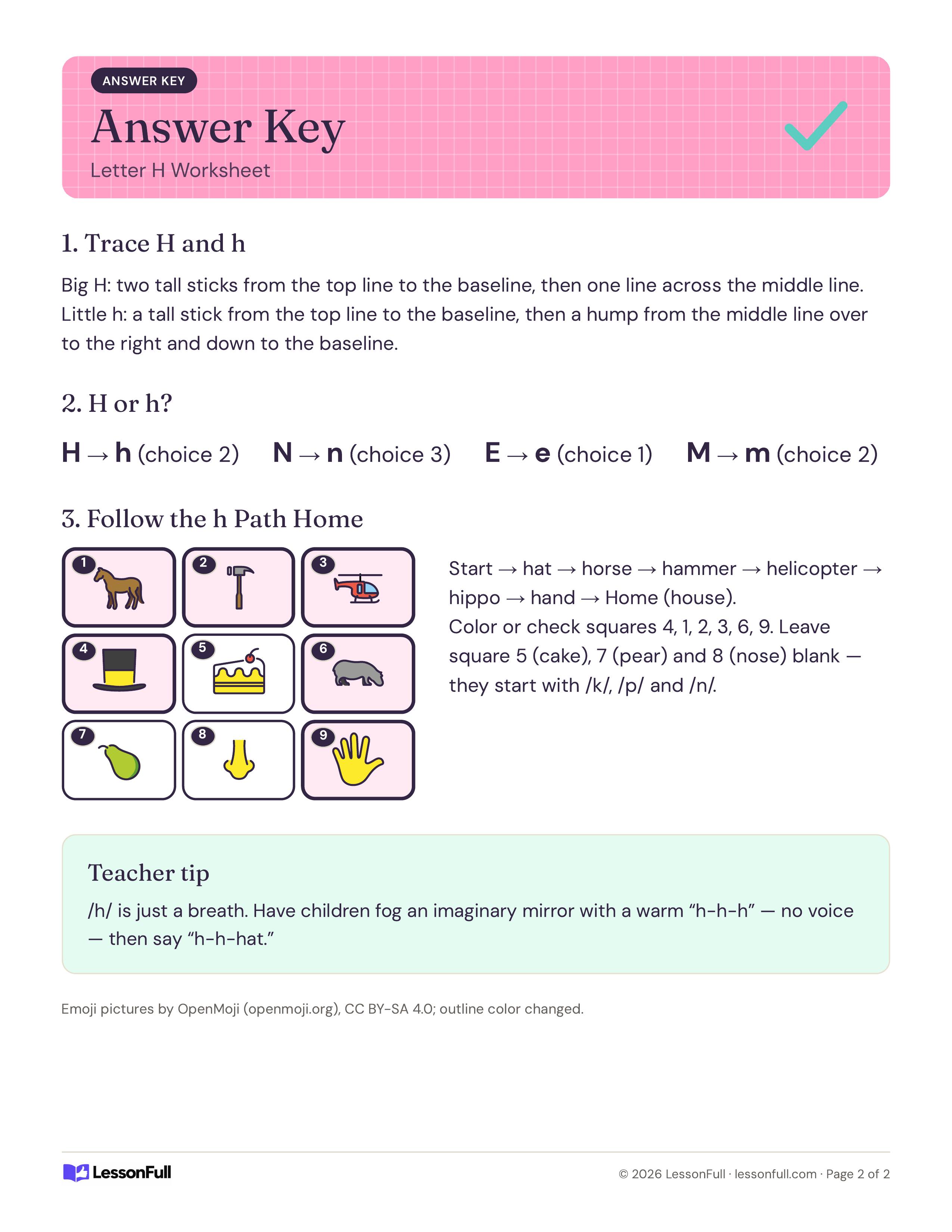 Letter H Worksheet: answer key with the matching little letters, the h path through hat, horse, hammer, helicopter, hippo and hand