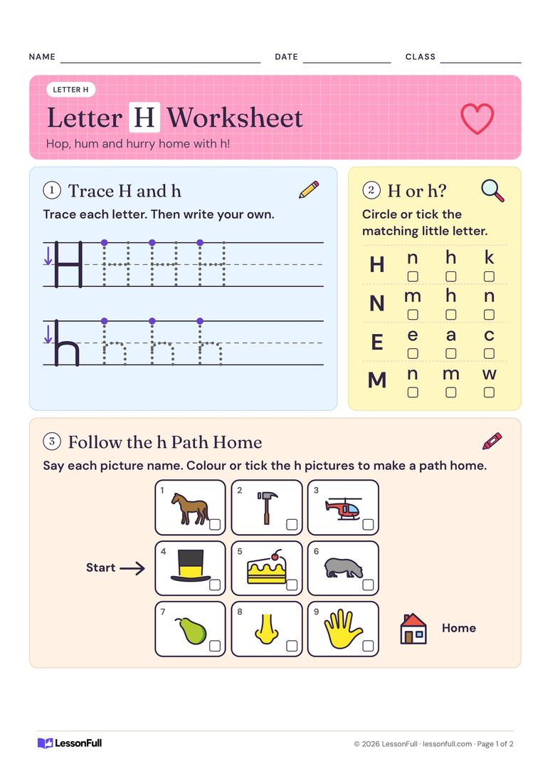 Letter H Worksheet — English worksheet for Pre-school–Foundation