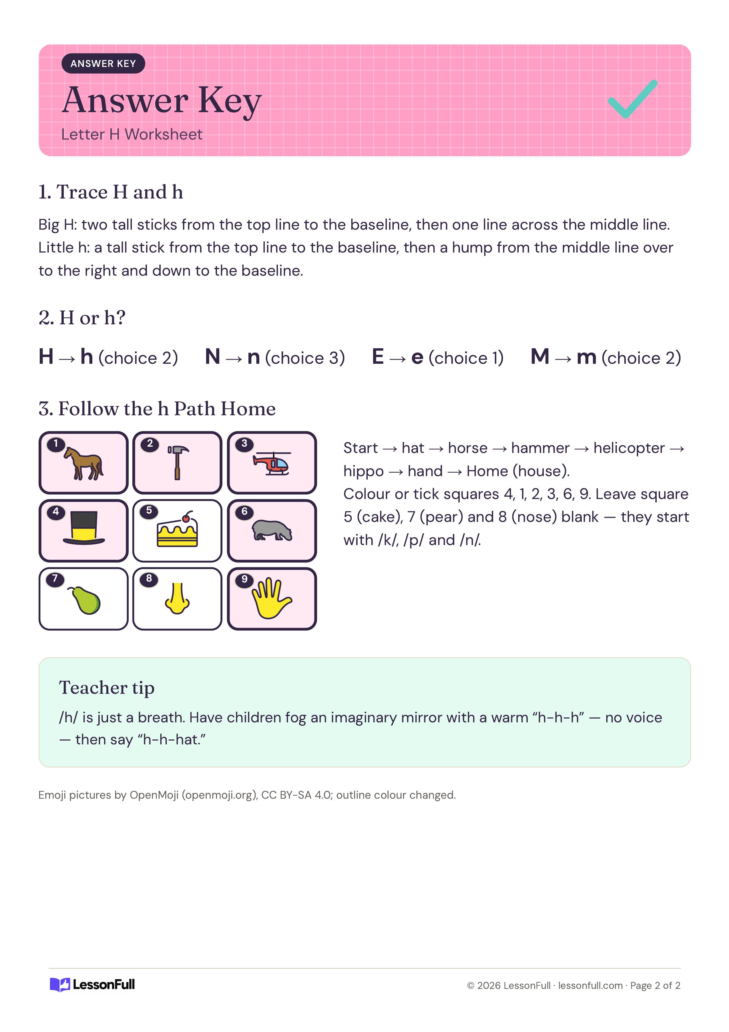 Letter H Worksheet: answer key with the matching little letters, the h path through hat, horse, hammer, helicopter, hippo and hand