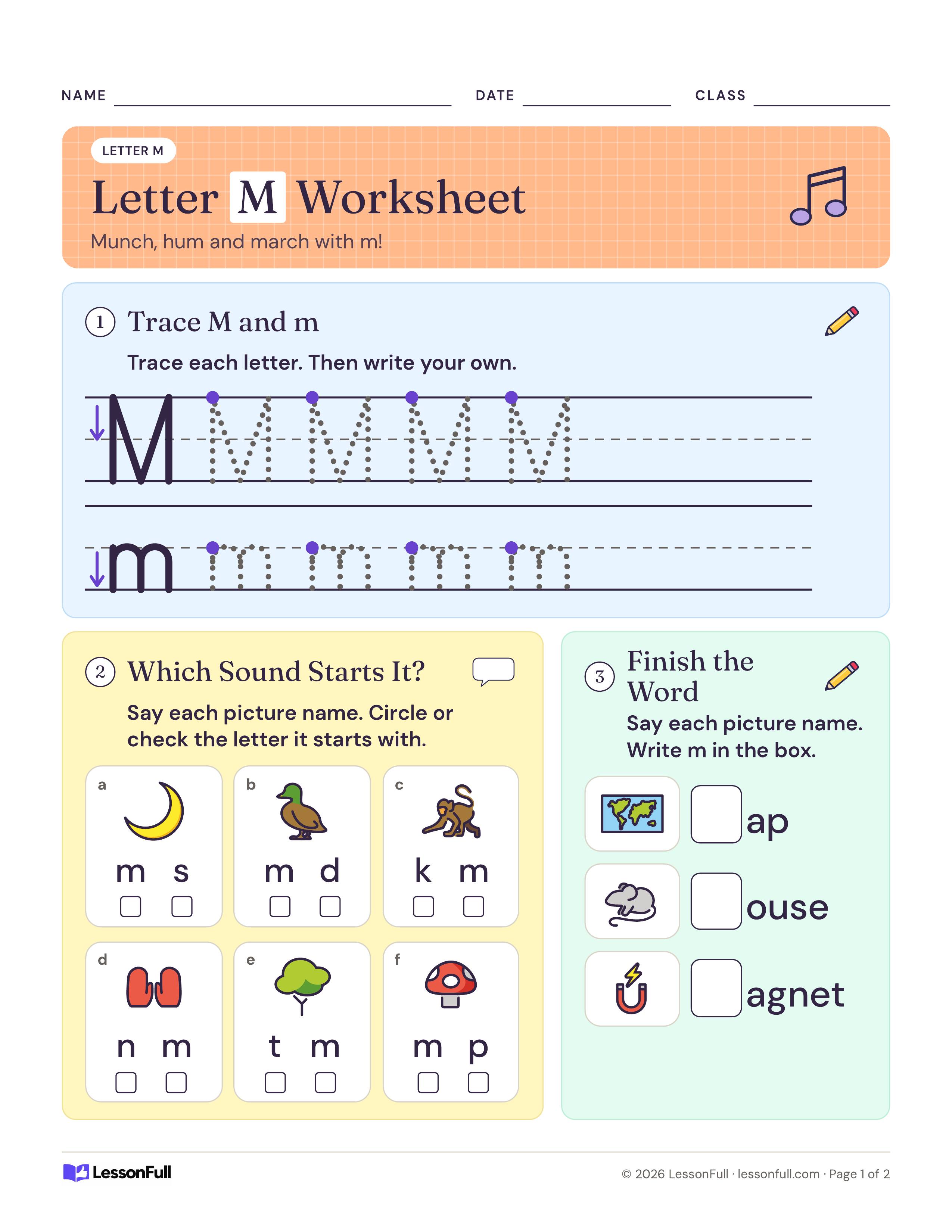 Letter M Worksheet: tracing rows for big M and little m, six pictures with two starting letters each, and map, mouse, magnet to finish