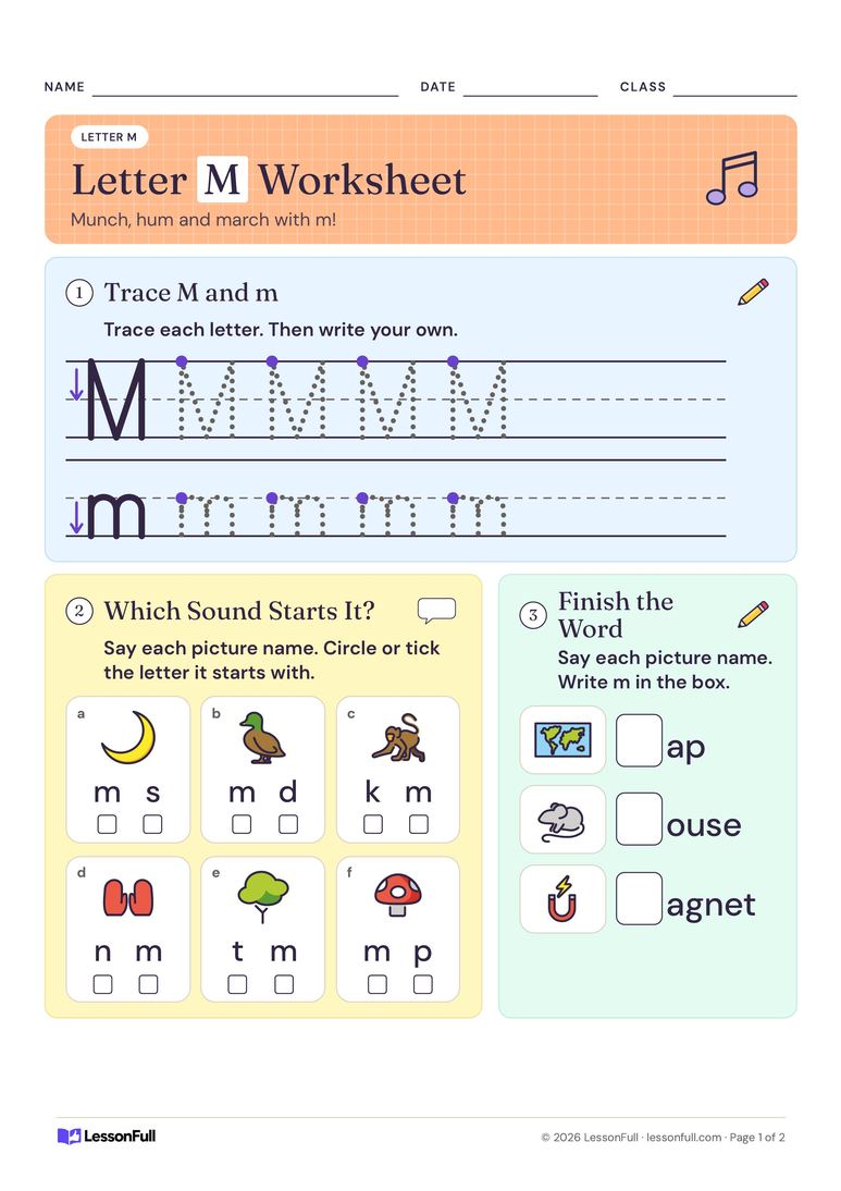 Letter M Worksheet — English worksheet for Pre-school–Foundation