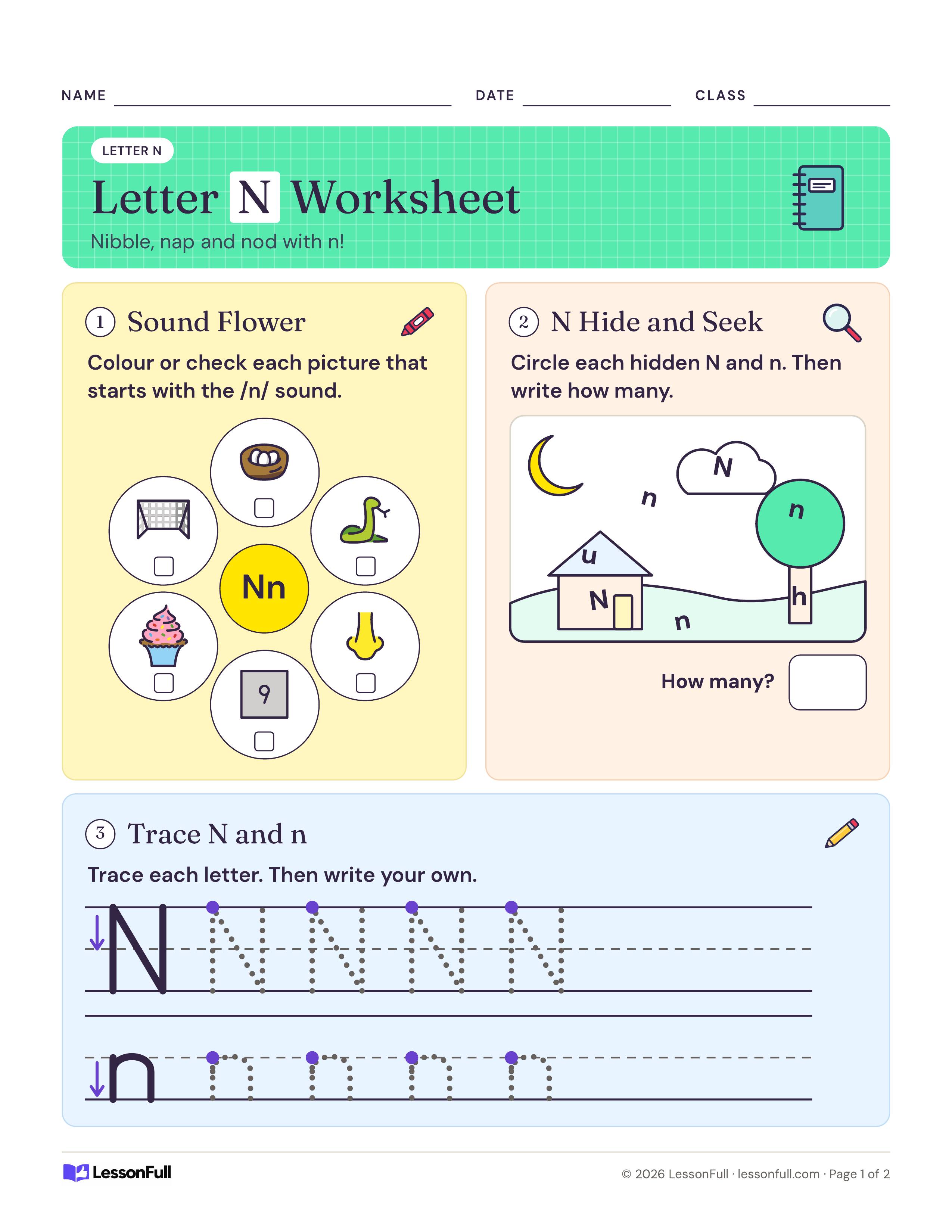Letter N Worksheet: a sound flower of six pictures around Nn, a night scene with hidden N and n letters to count, and N and n tracing rows