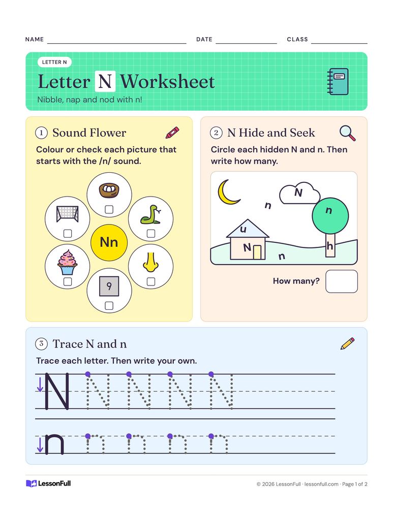 Letter N Worksheet — language arts worksheet for Junior and Senior Kindergarten