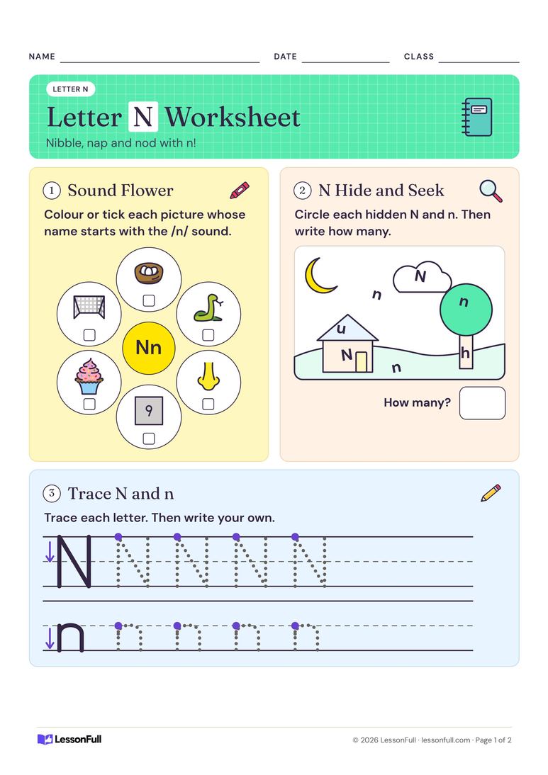 Letter N Worksheet — English worksheet for Pre-school–Foundation