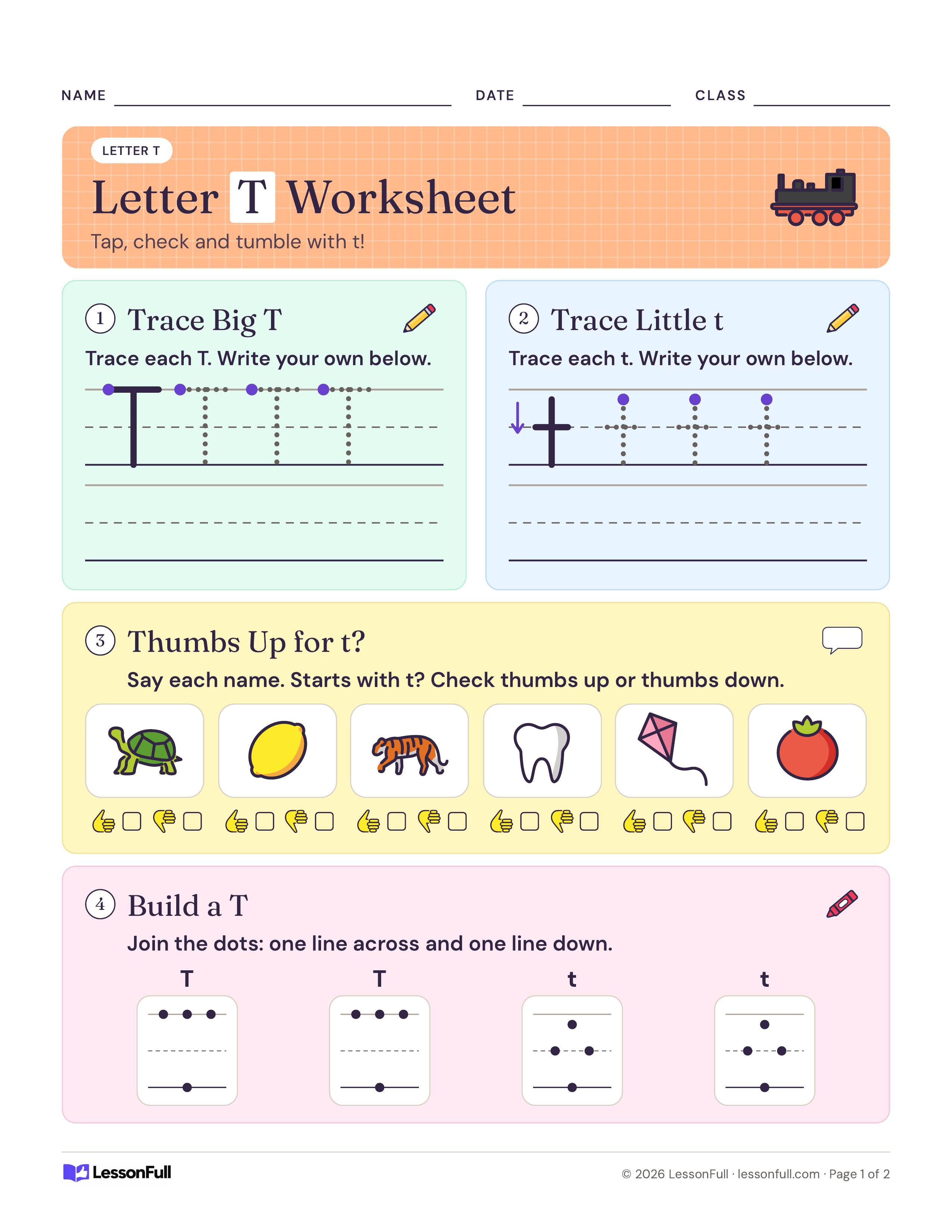 Letter T Worksheet: tracing rows for big T and little t, six pictures with thumbs up or down boxes, and dot grids for building T and t