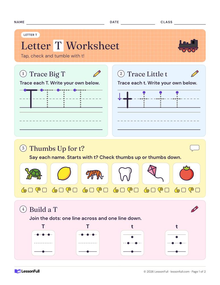 Letter T Worksheet — language arts worksheet for Junior and Senior Kindergarten