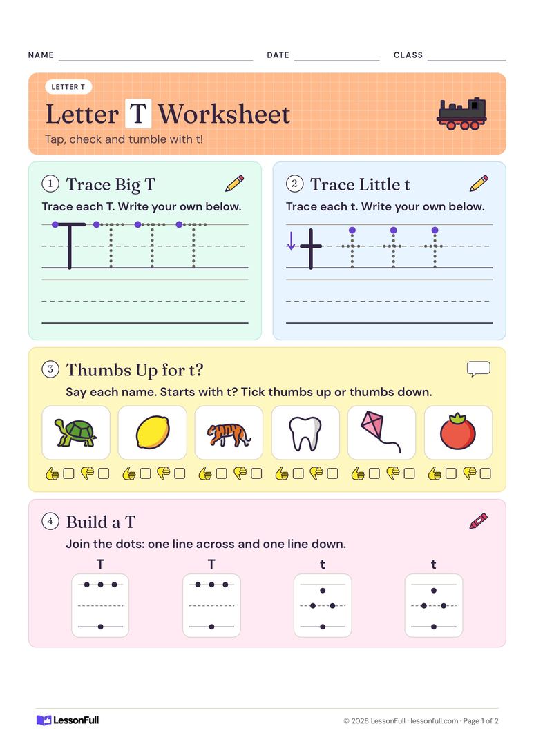 Letter T Worksheet — English worksheet for Pre-school–Foundation