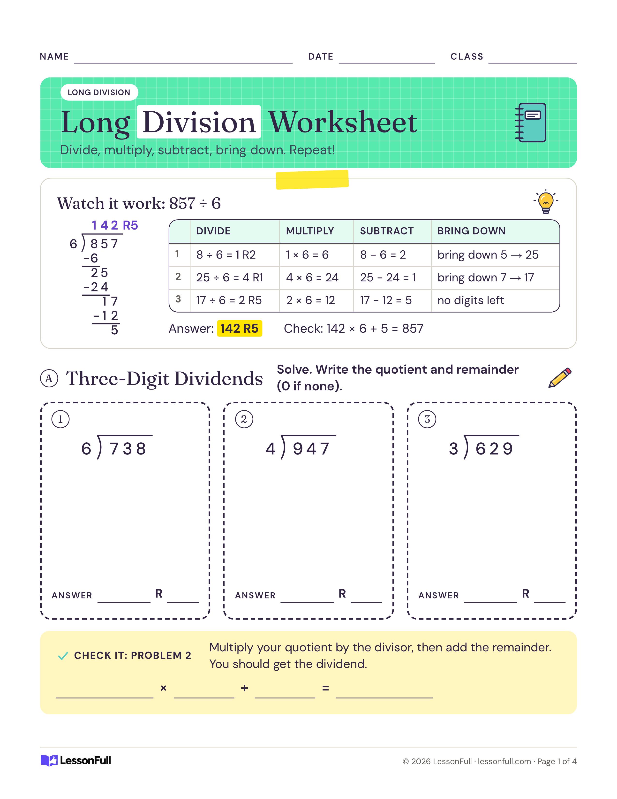 Long Division Worksheet: a worked 857 ÷ 6 example with a divide, multiply, subtract, bring down table, then three division boxes and a check line